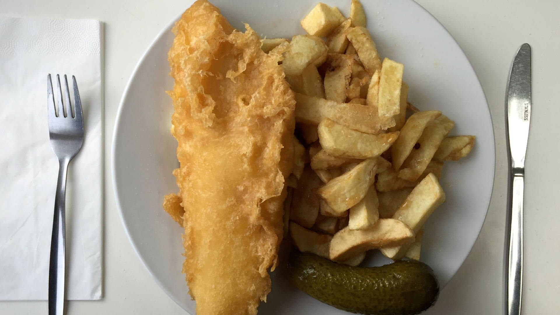 Fish And Chips With Whole Pickle