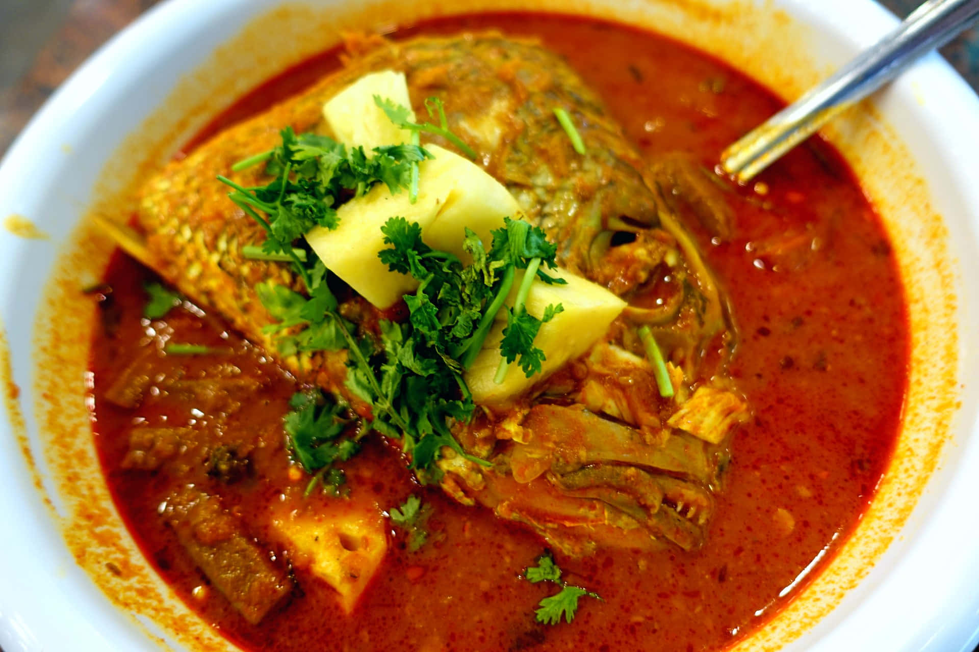 Fish Head Curry Dish High Angle Shot Background