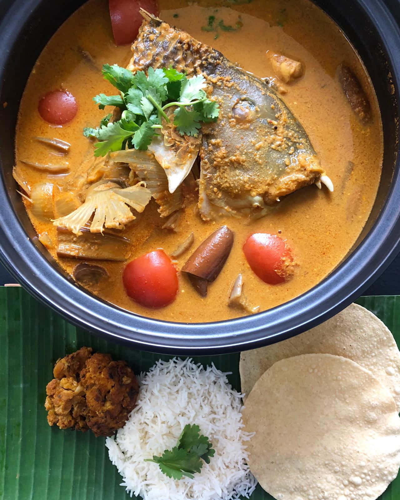 Fish Head Curry With Side Dishes Top Angle Shot Background