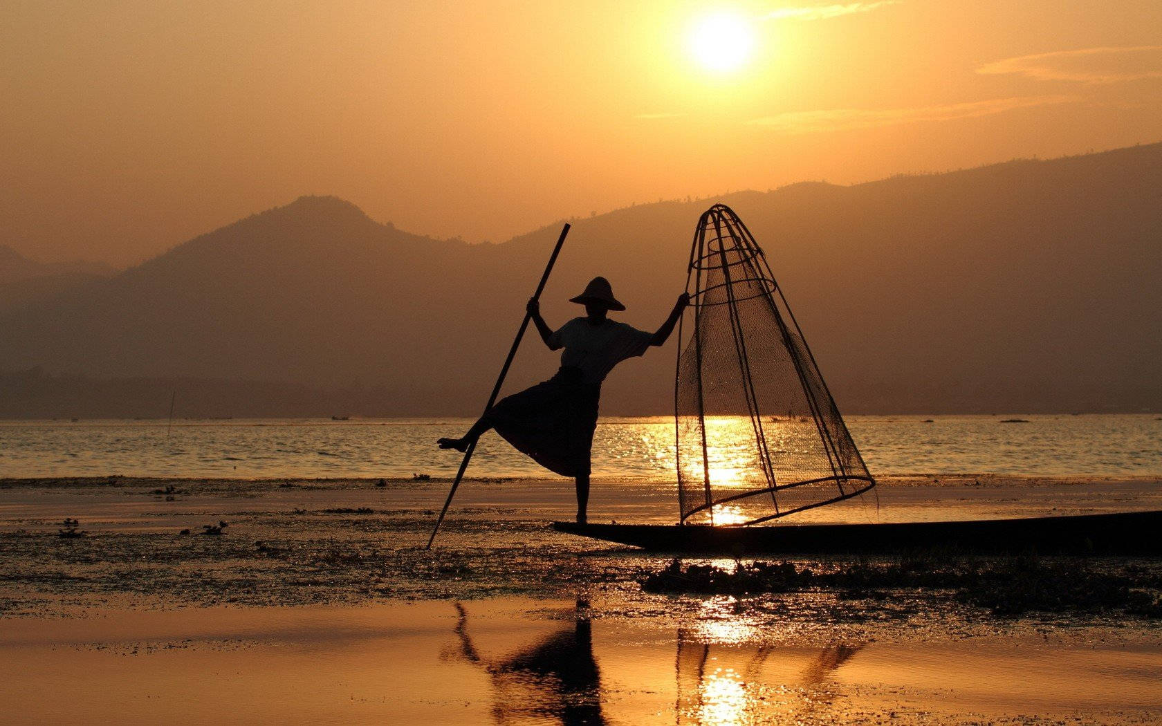 Fisherman On Myanmar Background