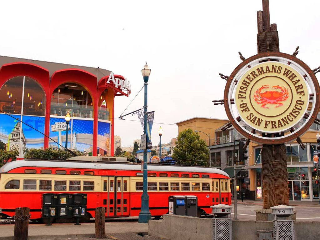 Fishermans Wharf Sign And Tram Background