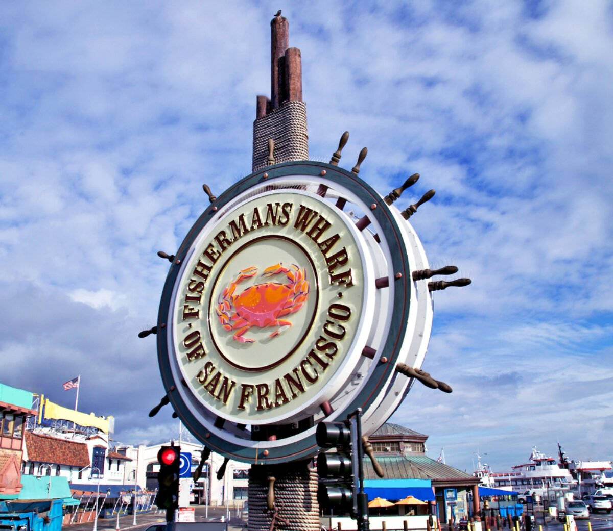 Fishermans Wharf Sign Blue Cloudy Sky Background