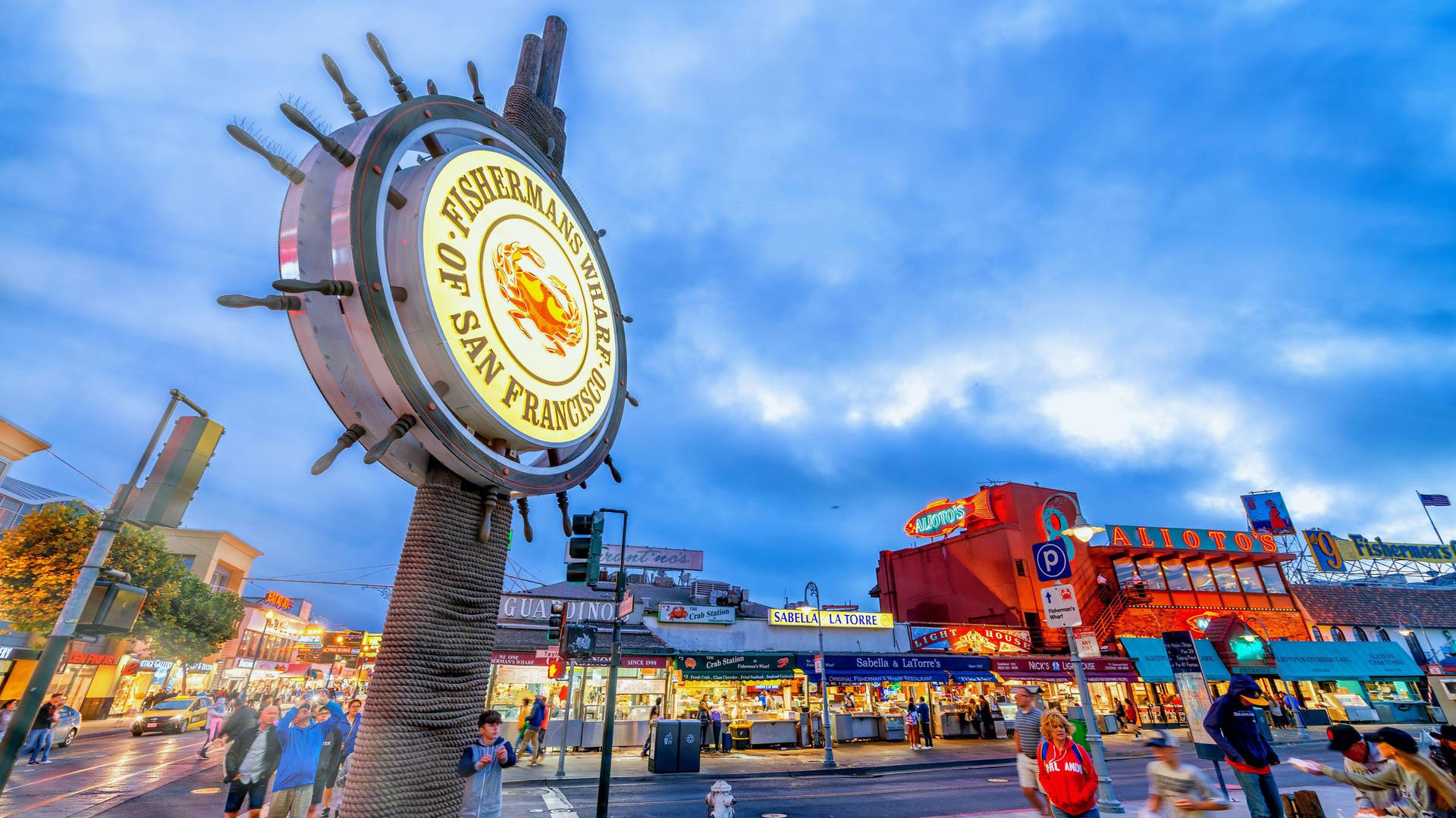 Fishermans Wharf Sign Dark Blue Sky