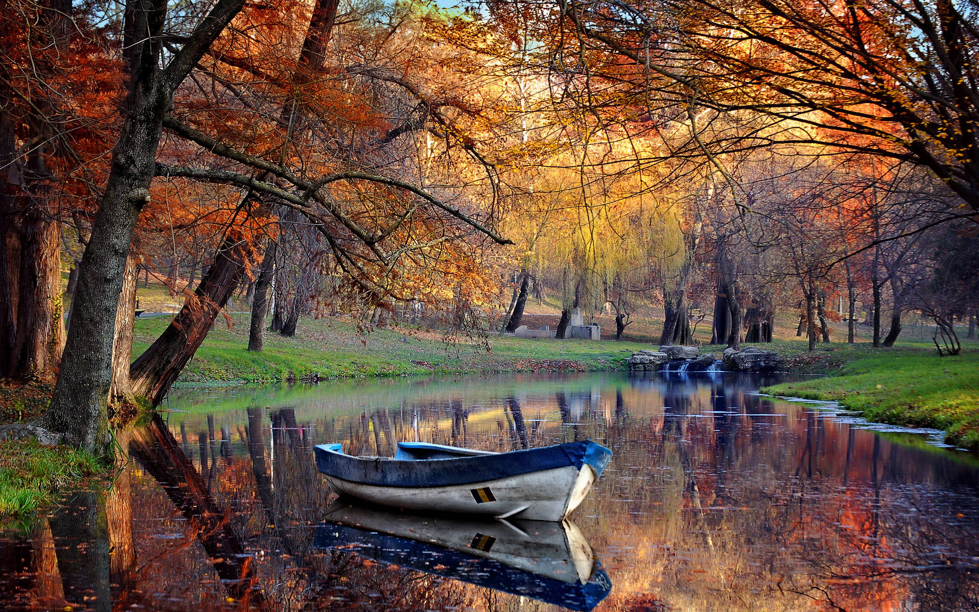 Fishing Boat During Autumn Background