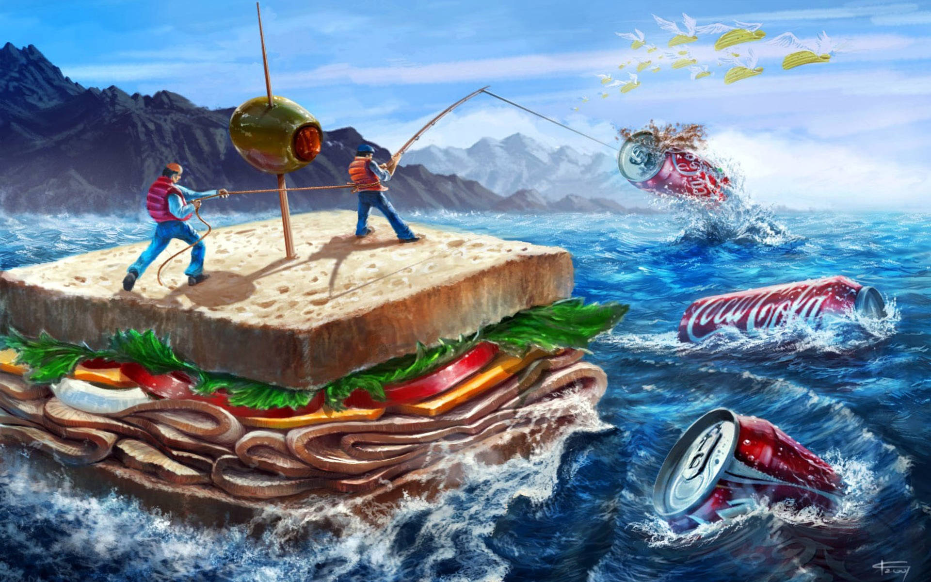 Fishing Coca Cola Products In A Sandwich Boat Background