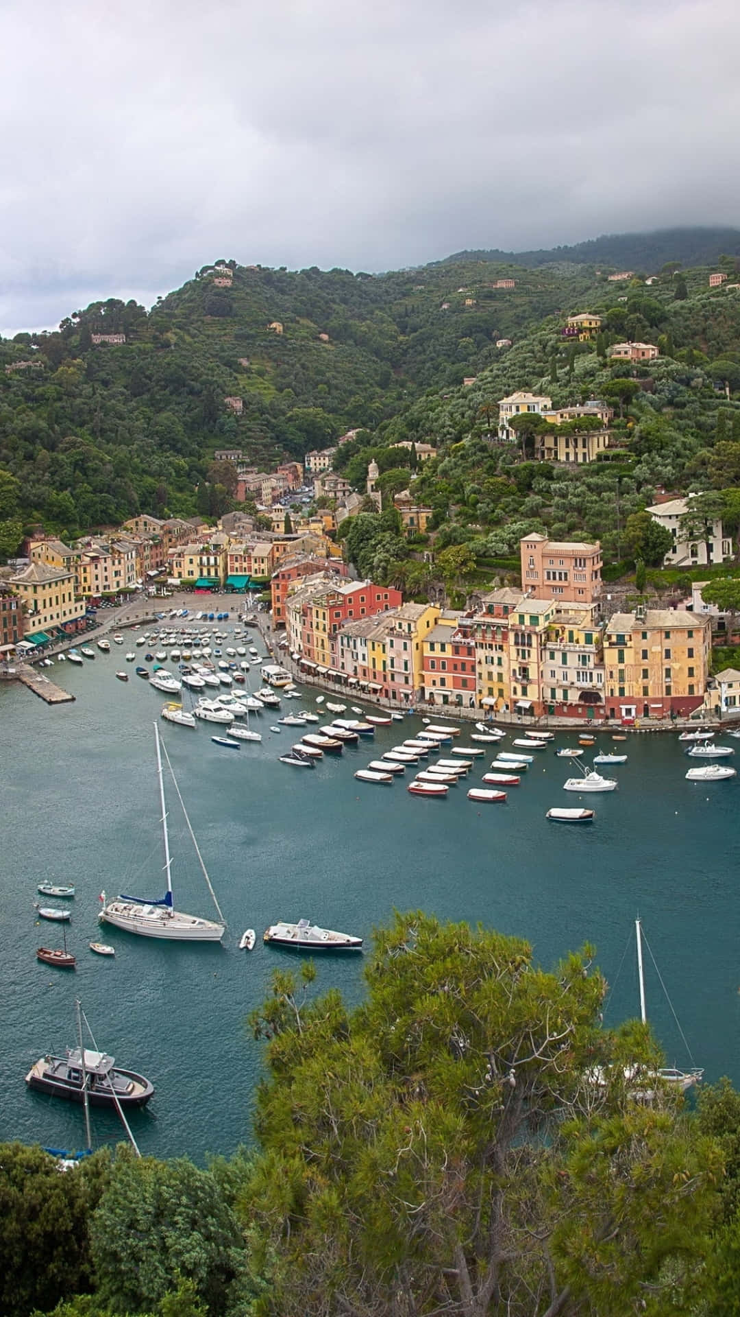 Fishing Village In Portofino Italy High Angle Shot Background