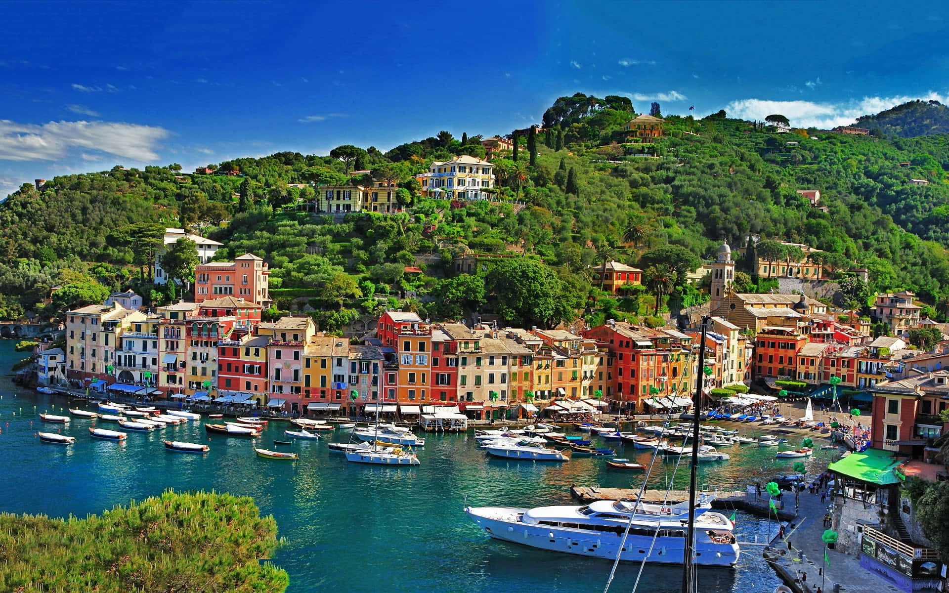 Fishing Village In Portofino Italy Wide Angle Shot Background
