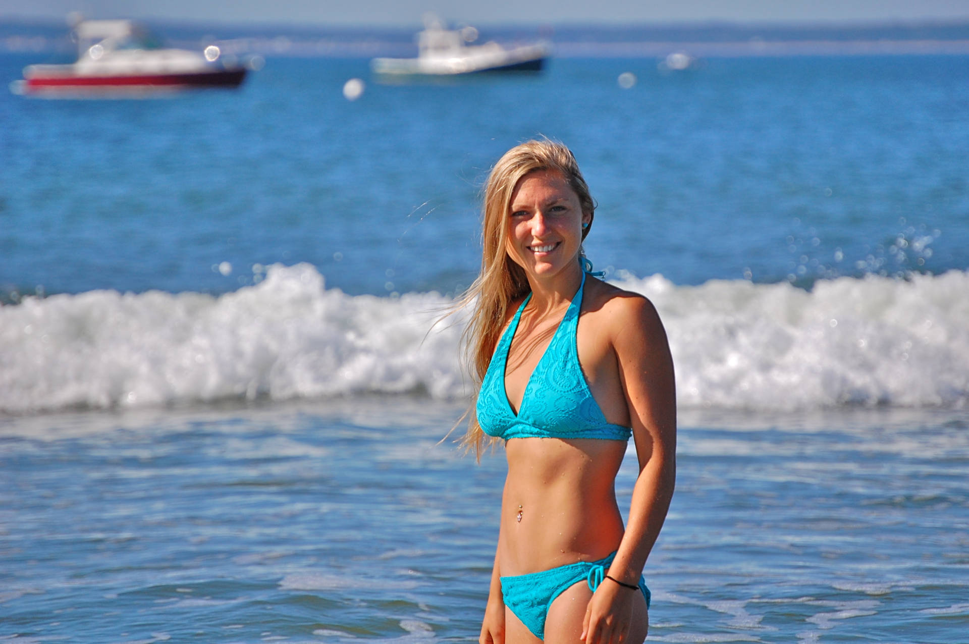 Fit Girl In Blue Bikini Background