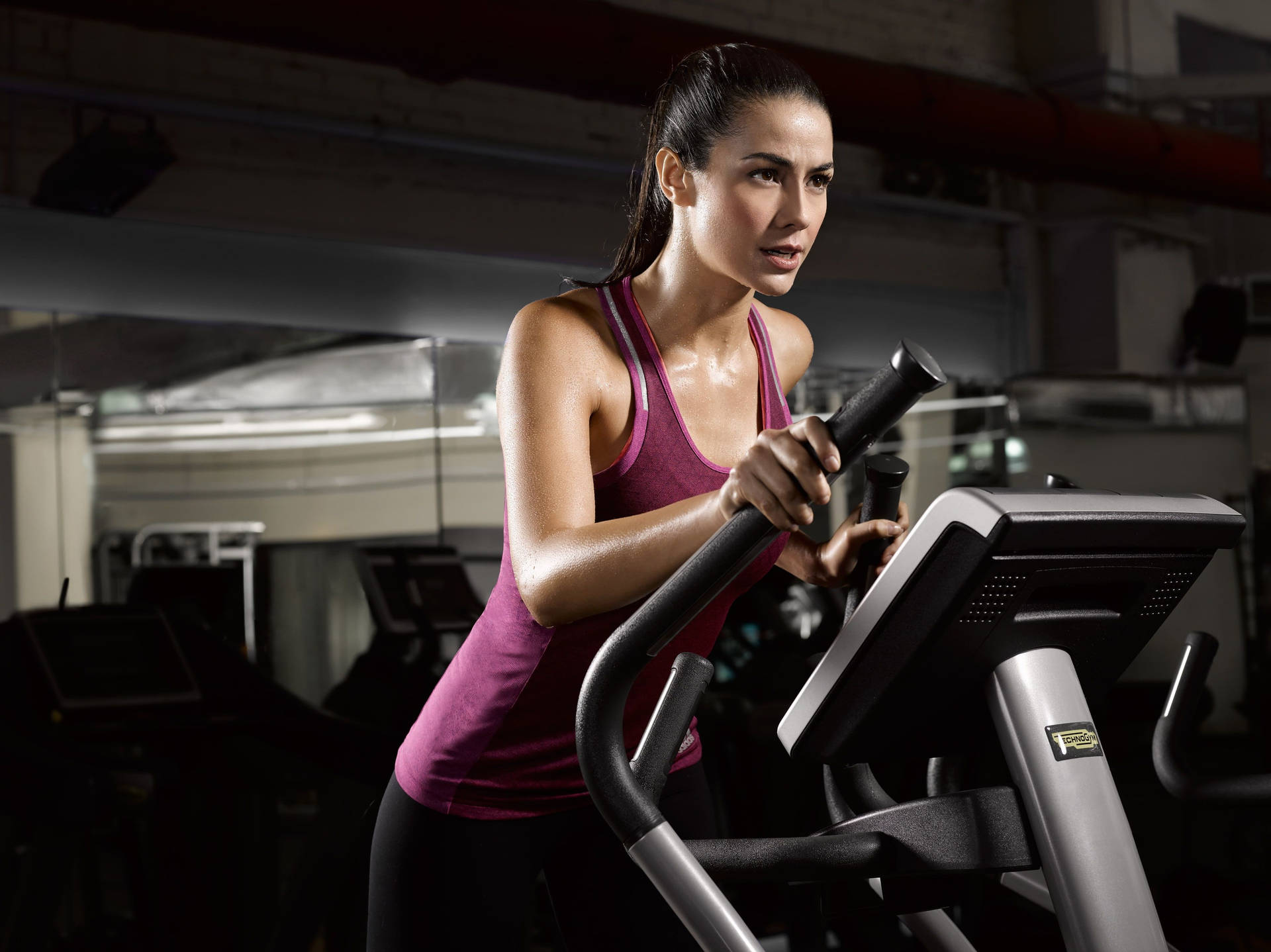 Fit Woman Running On Treadmill Background