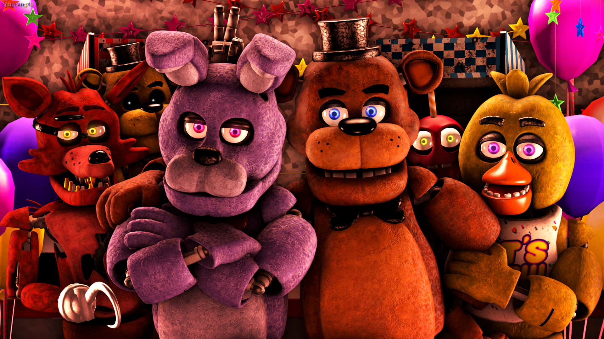 Five Nights At Freddy's - A Group Of Characters With Balloons Background