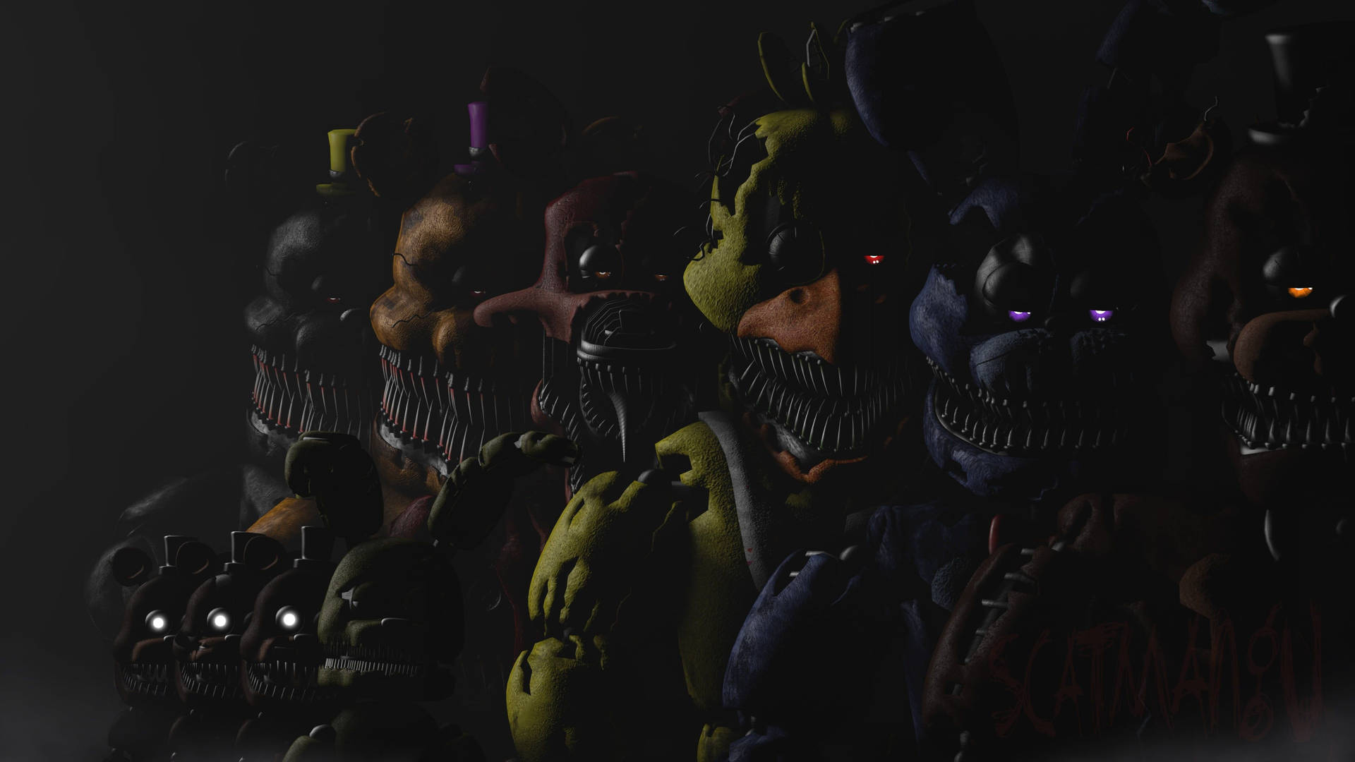 Five Nights At Freddy's Security Breach Monsters In Dark Background