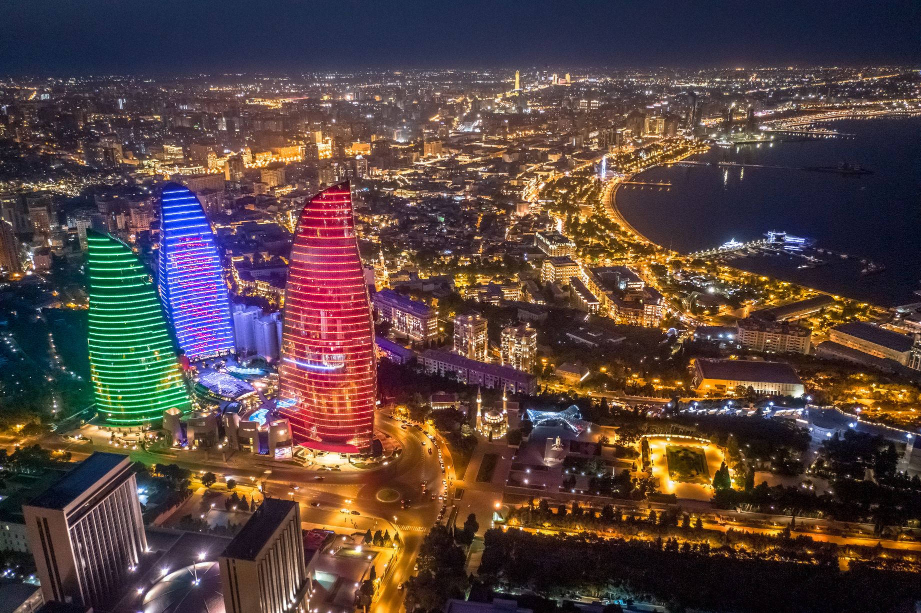 Flame Towers Azerbaijan City At Night