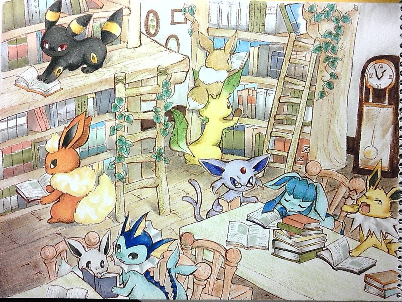 Flareon And Other Pokemon In The Library