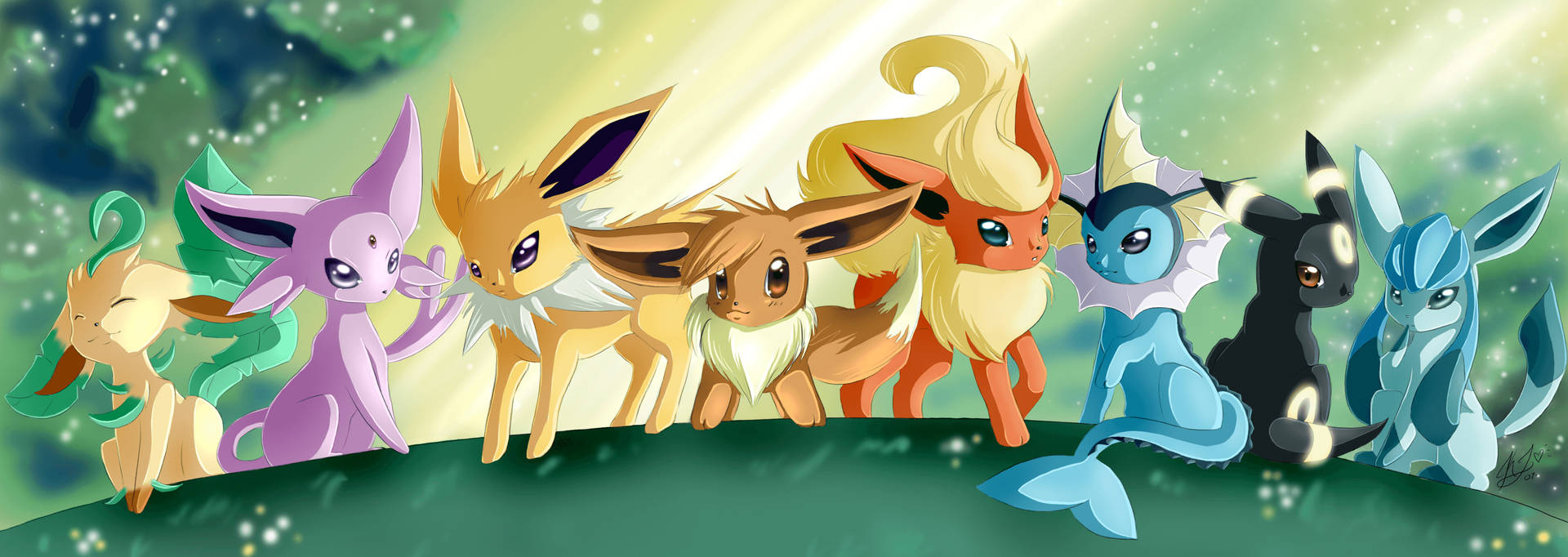 Flareon And Other Pokemon Standing Side By Side