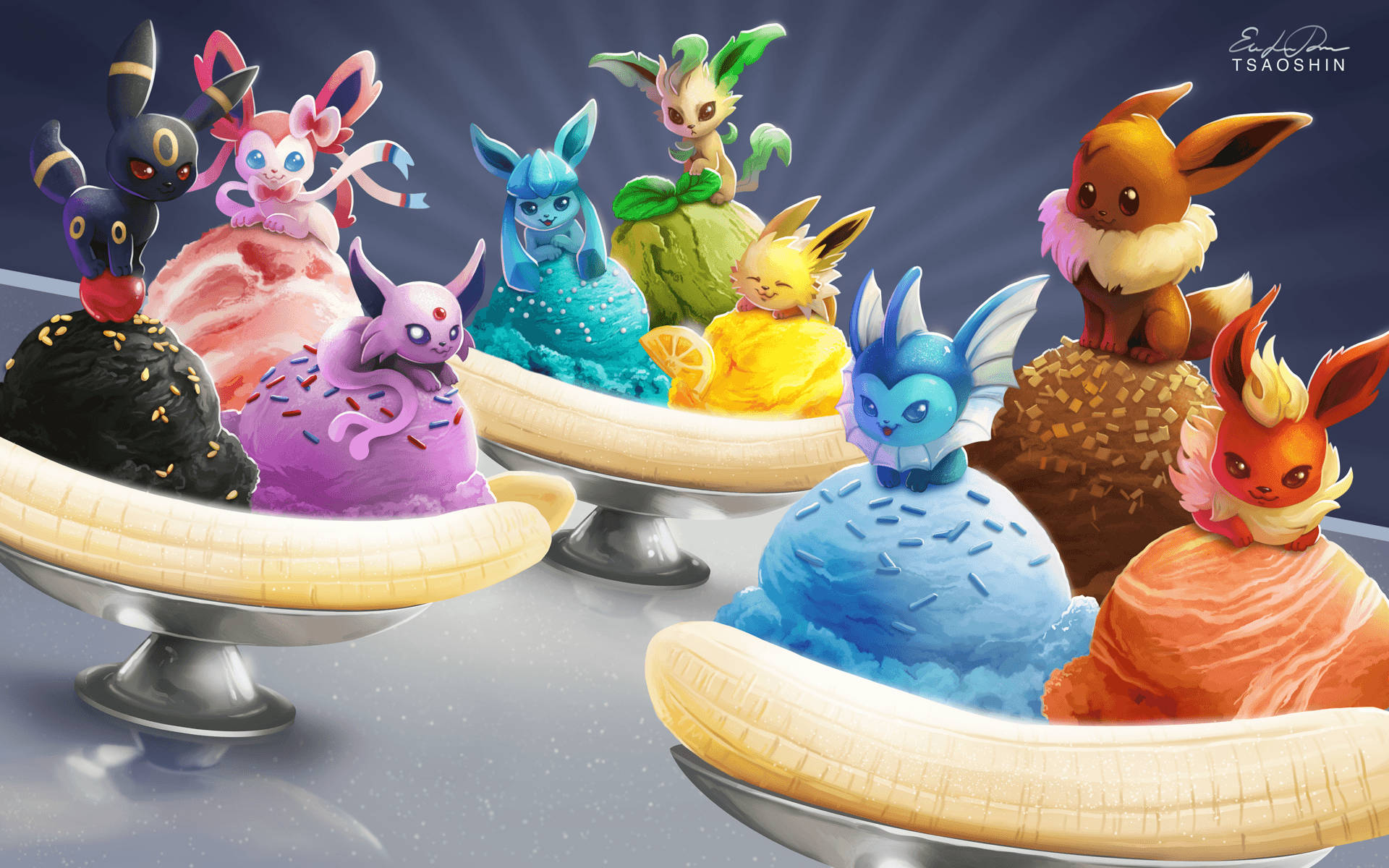 Flareon With Other Pokemon As Ice Cream Background