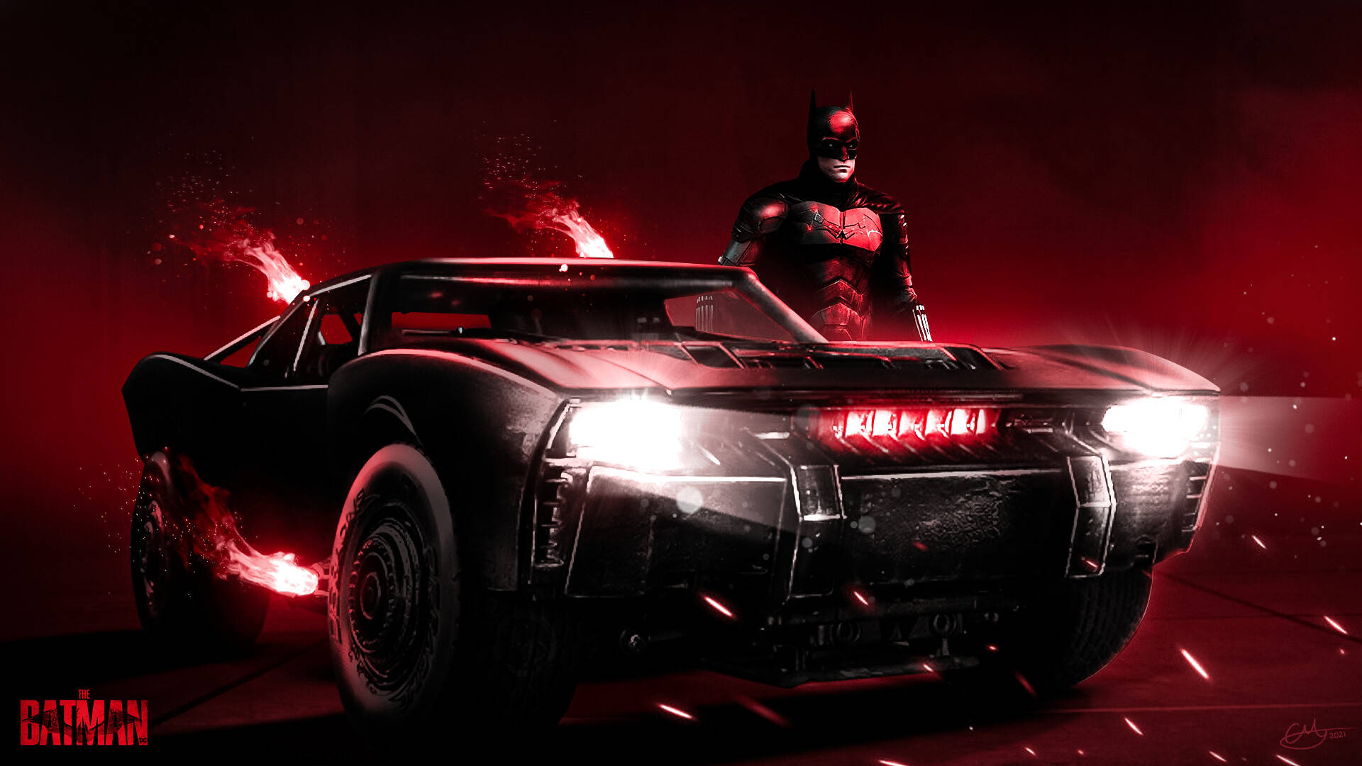Flaring Batmobile On Red Place Background