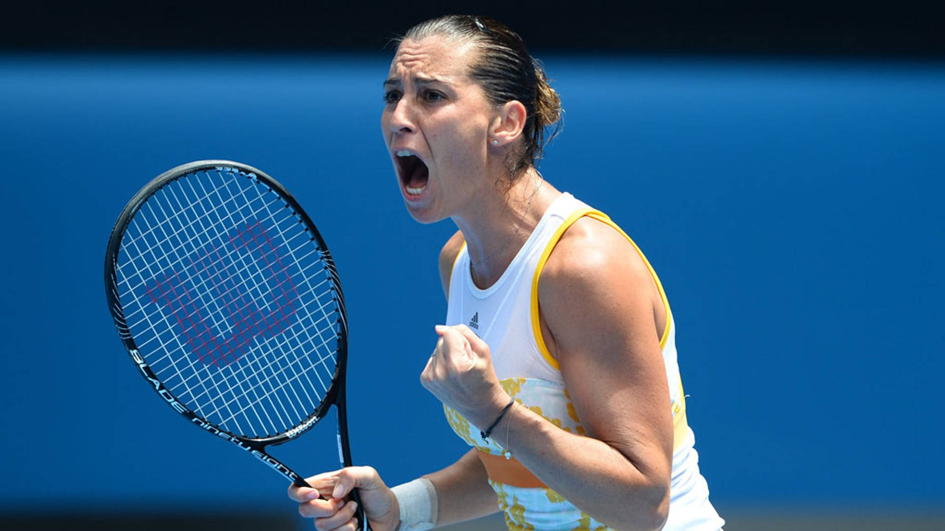 Flavia Pennetta Ecstatically Celebrating Her Victory On The Tennis Court Background