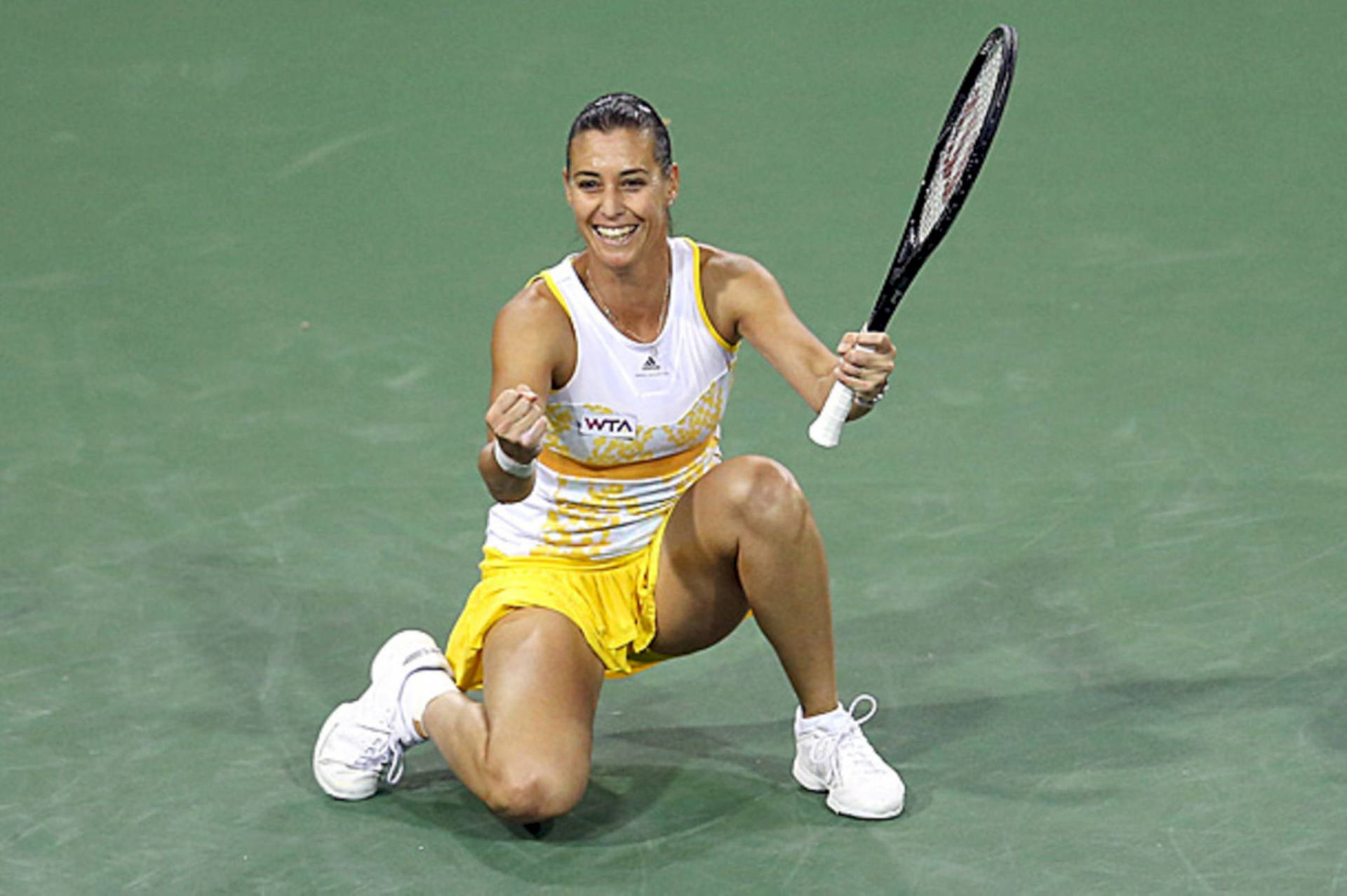 Flavia Pennetta In Action On The Tennis Court Background