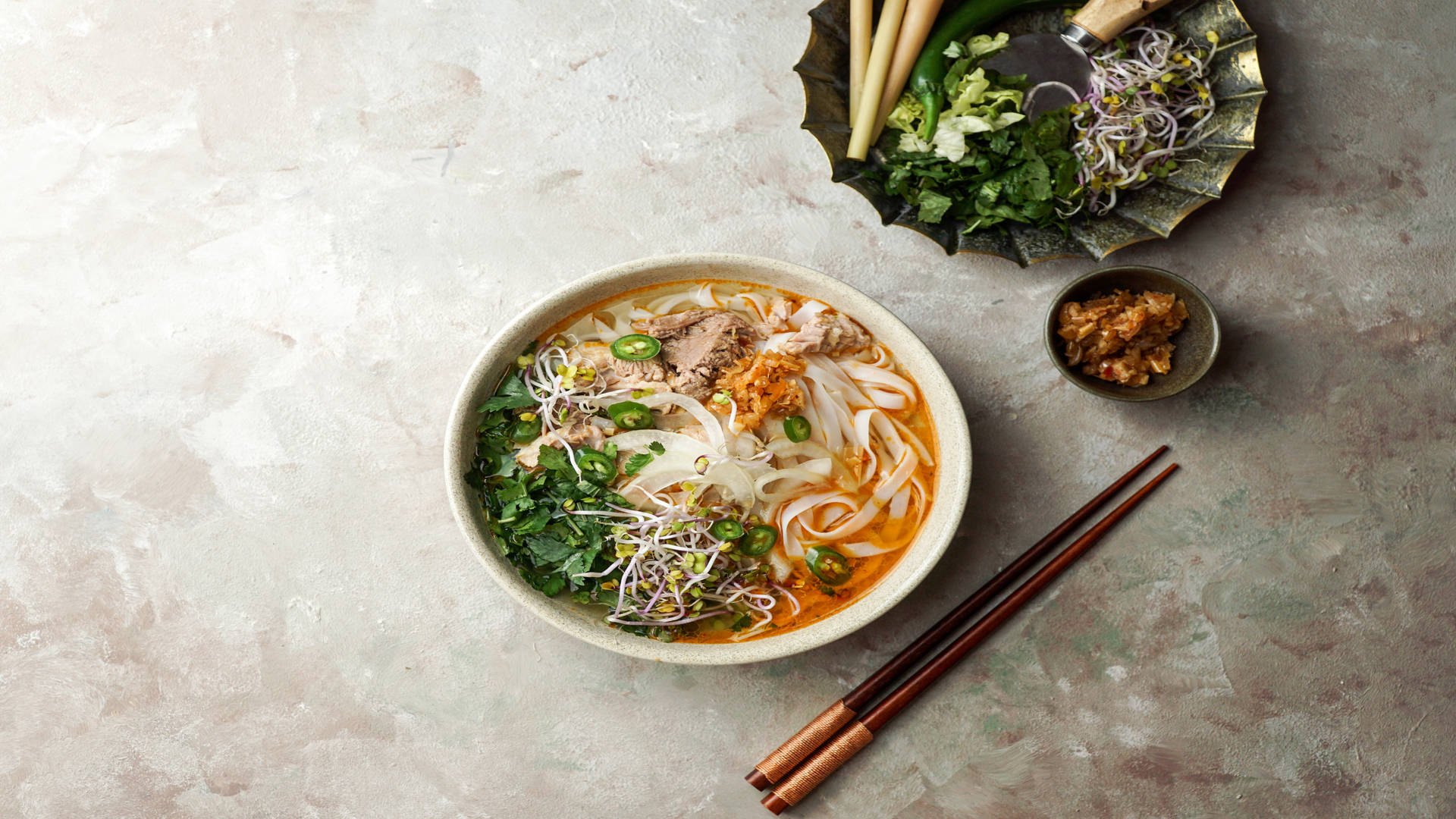 Flavorful And Delicious Pho With Flat Rice Noodles Background