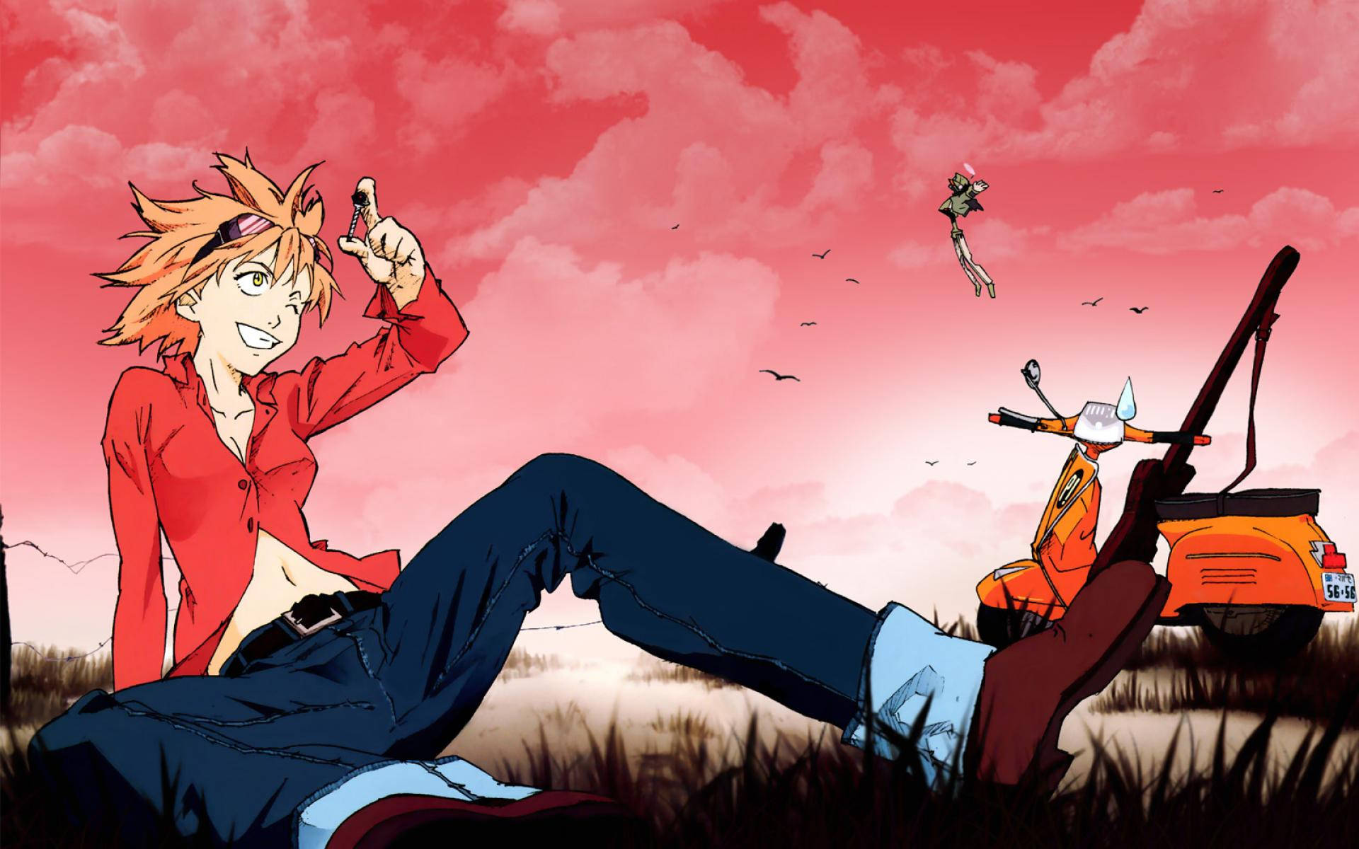 Flcl Smiling Haruko And Canti Background