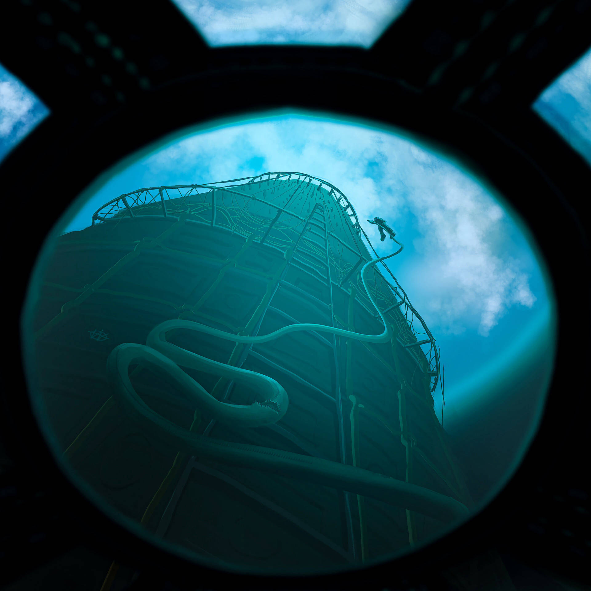 Floating Astronaut In Porthole Background