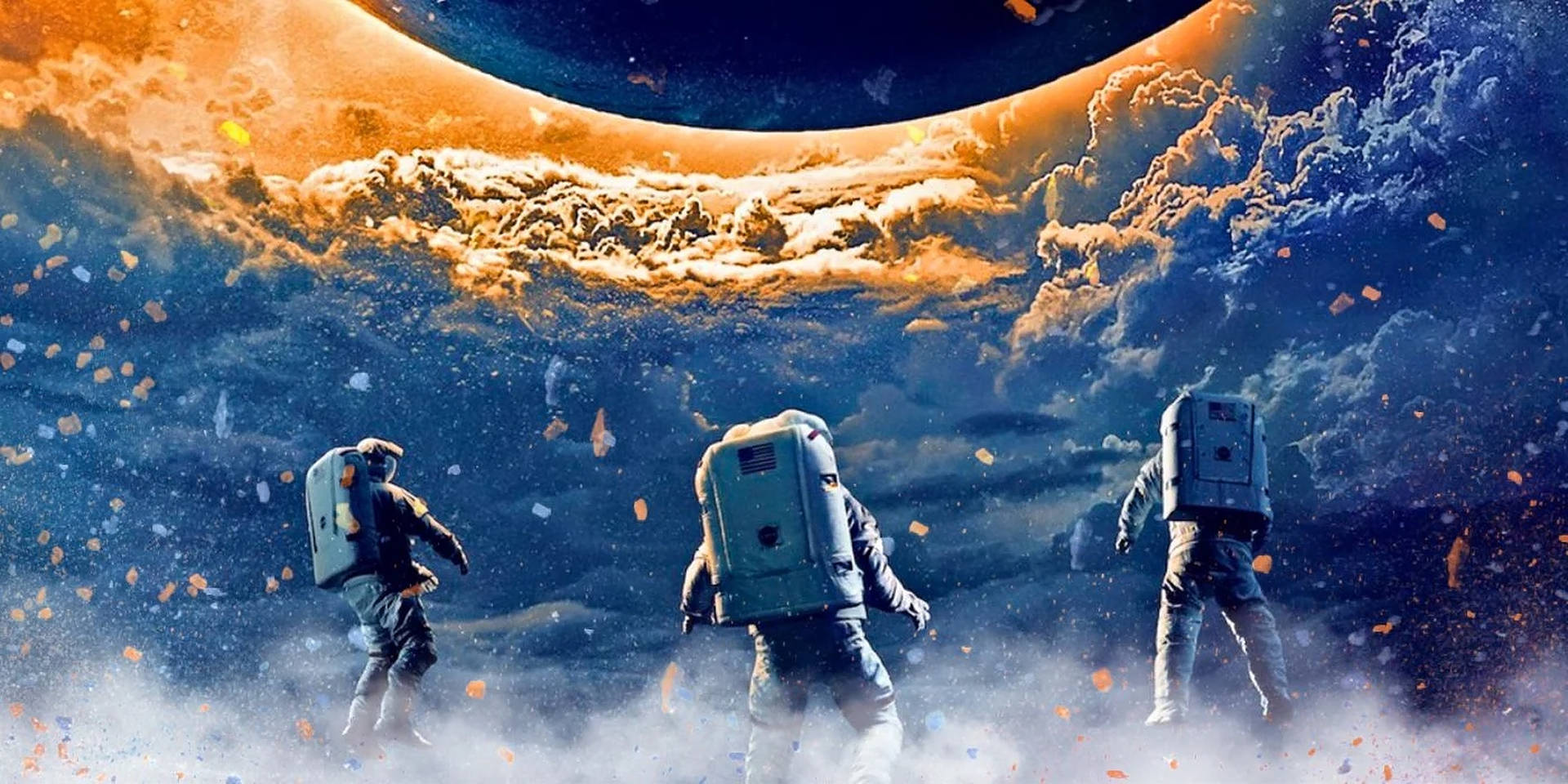 Floating Astronauts In Space Moonfall Background