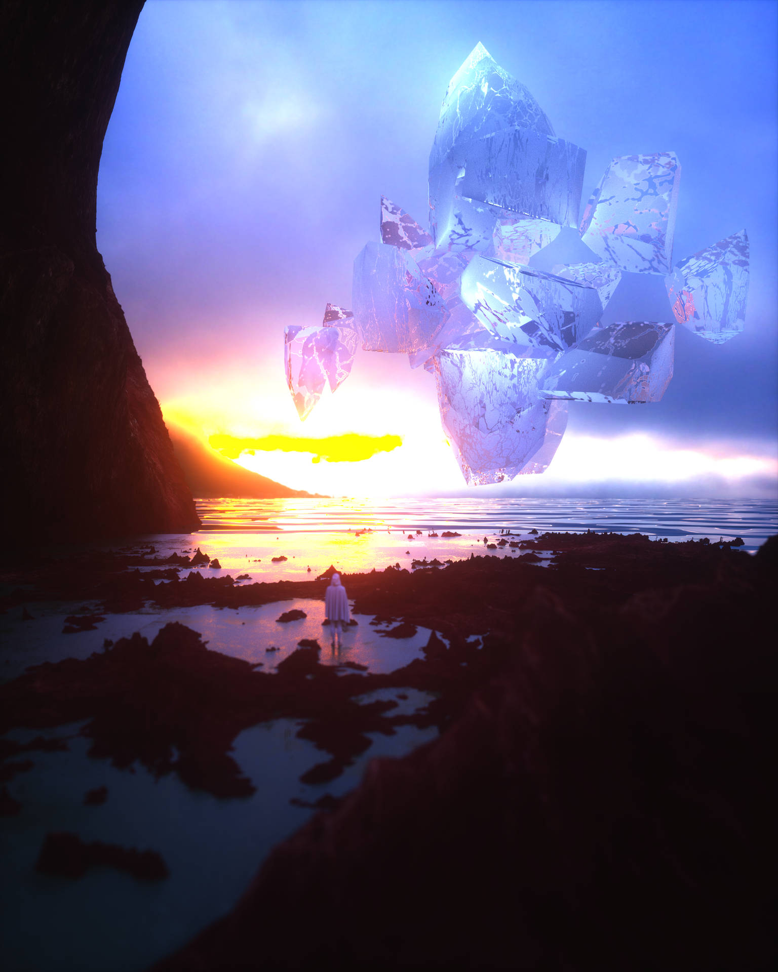 Floating Crystal At Sunset Background