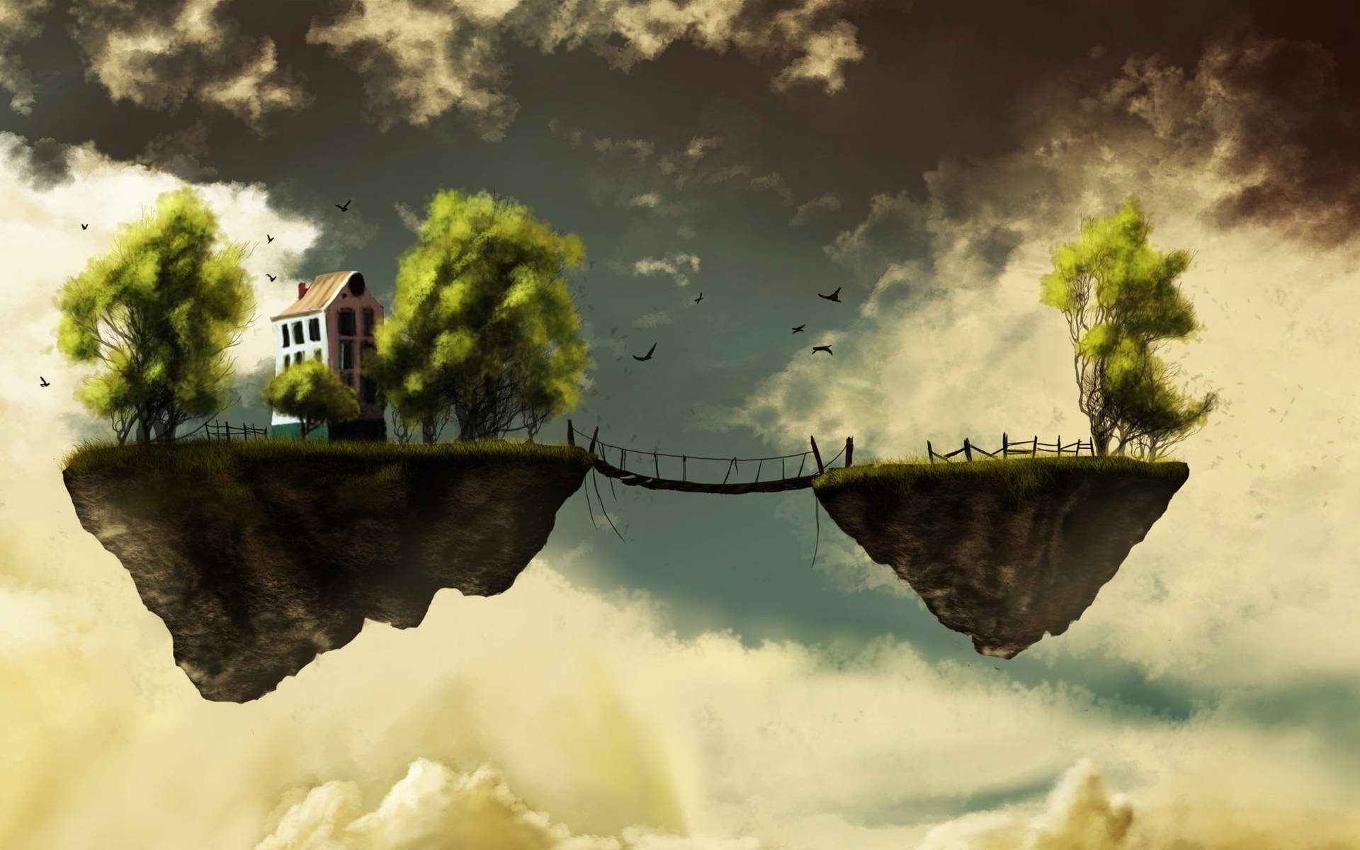 Floating Fantasy Island With Hanging Bridge Background