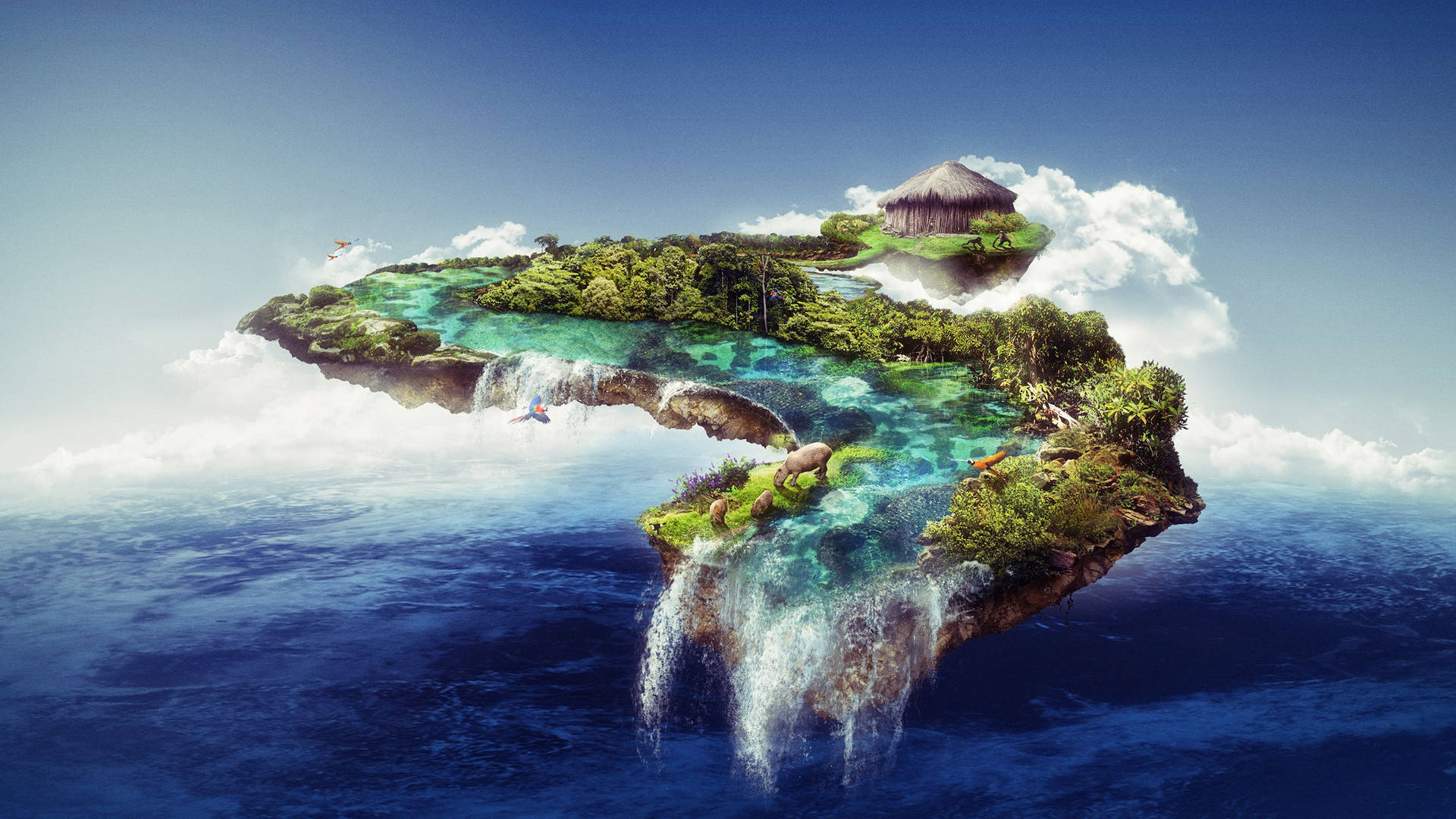 Floating Island With Basking Animals Background