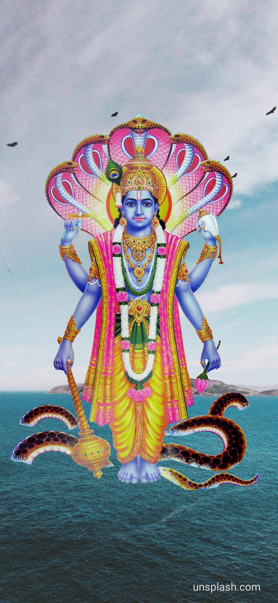 Floating Lord Vishnu With Pink Cobra Background