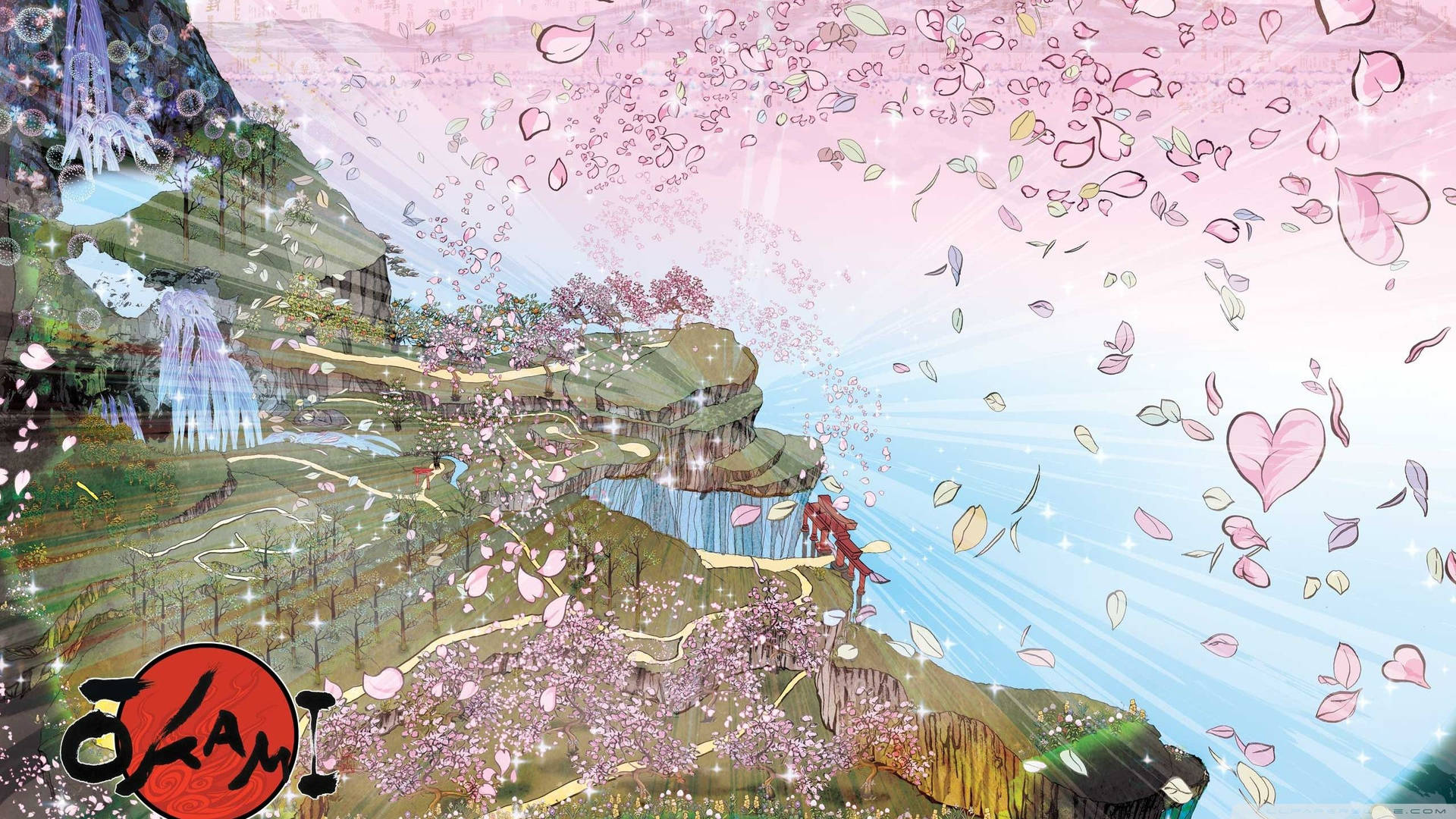 Floating Pink Petals Okami Background