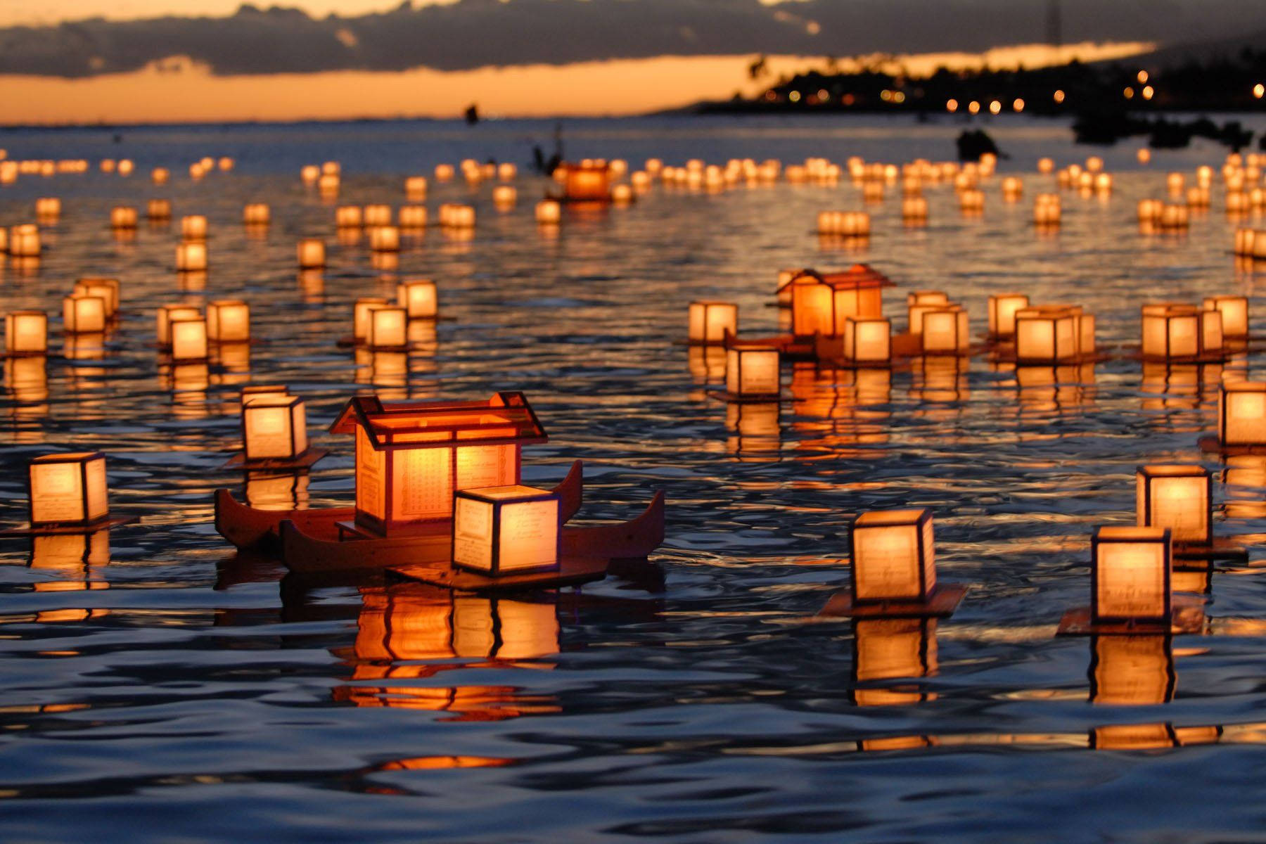 Floating Sea Lanterns Scenic Background