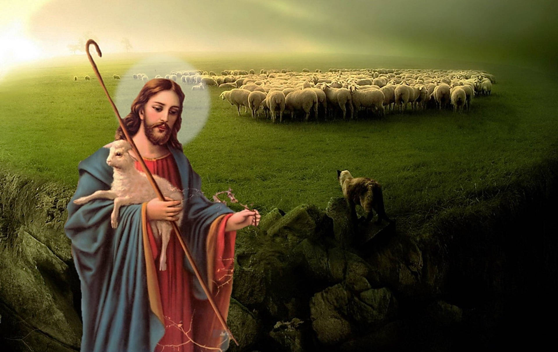 Flock Of Sheep And Jesus Desktop