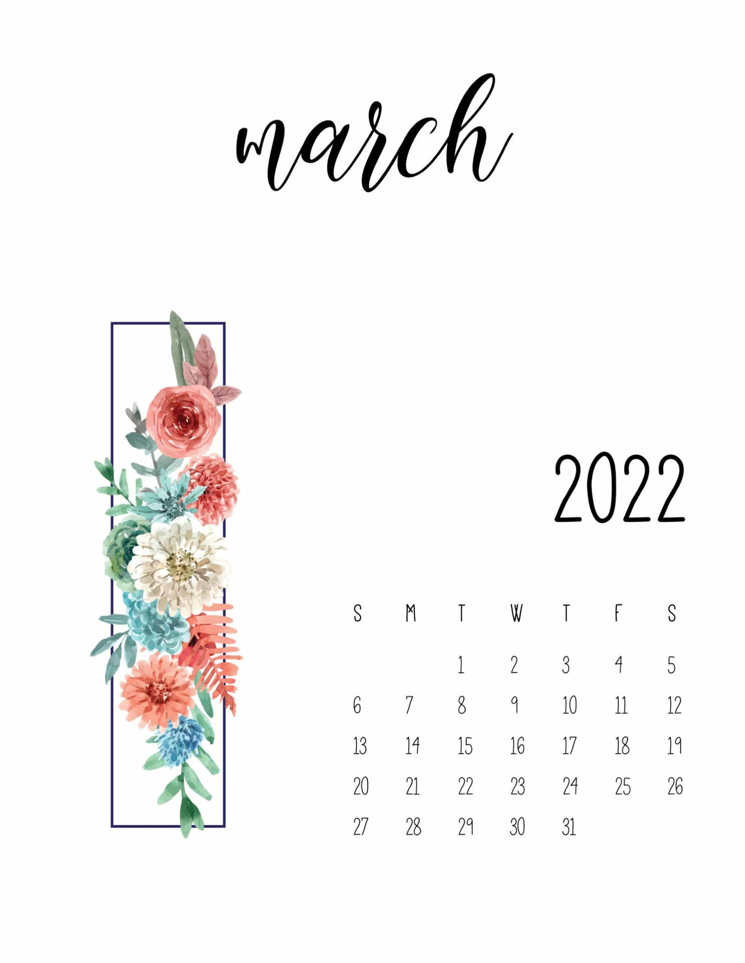 Floral March 2022 Basic Calendar Background