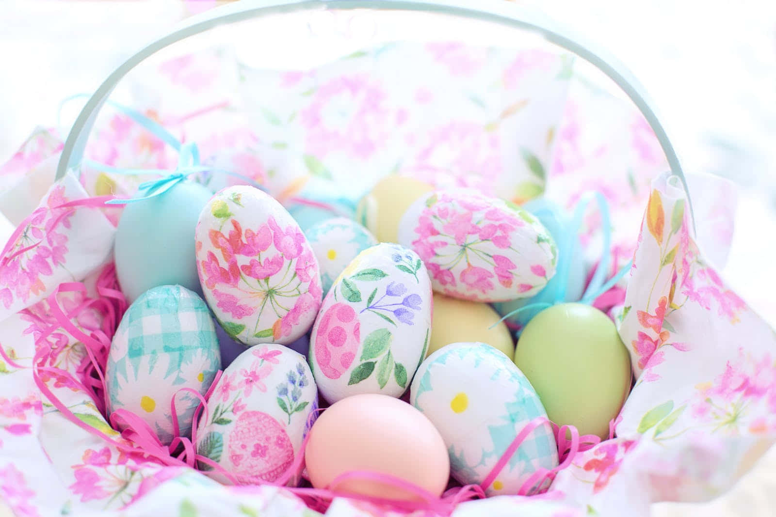 Floral Pastel Easter Eggs In A Basket Background