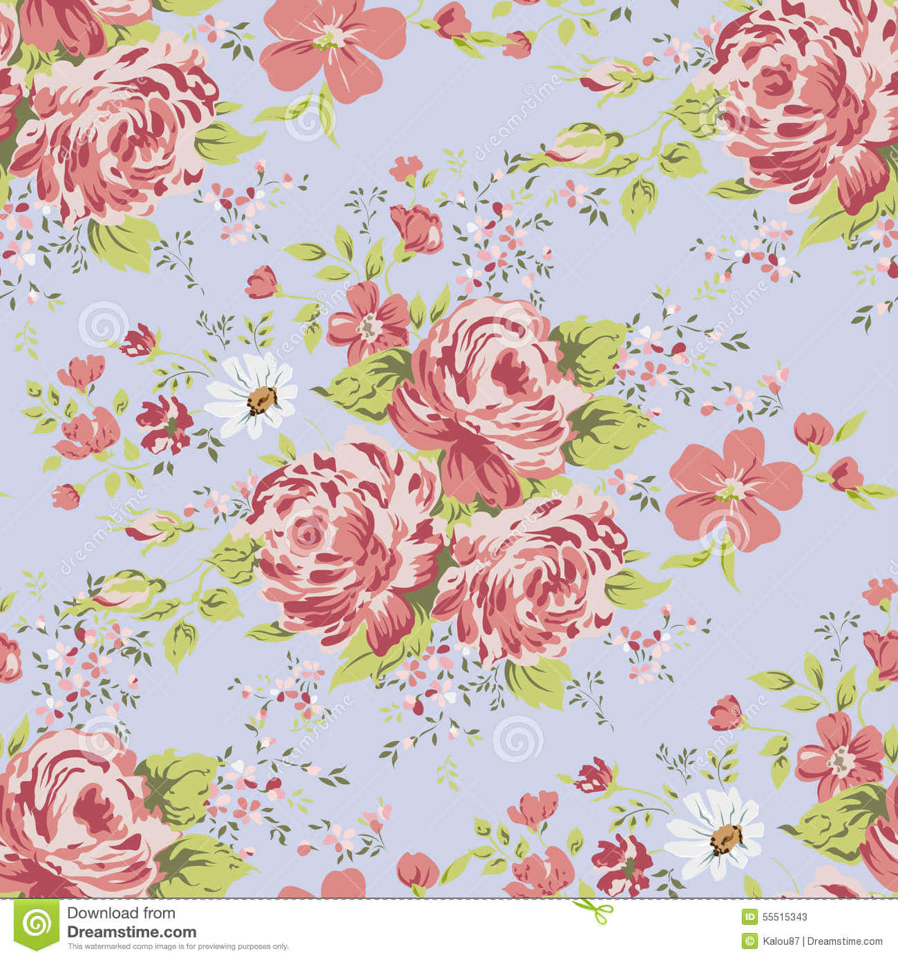 Floral Pattern With Pink Roses On A Blue Background