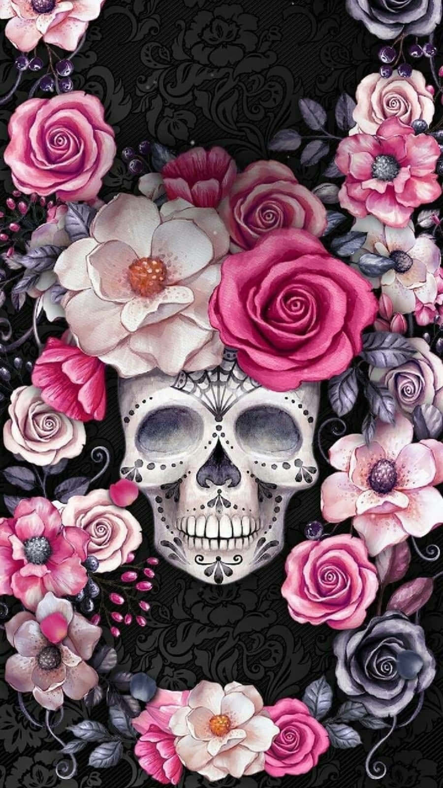 Floral Pink Love Skulls And Roses Background