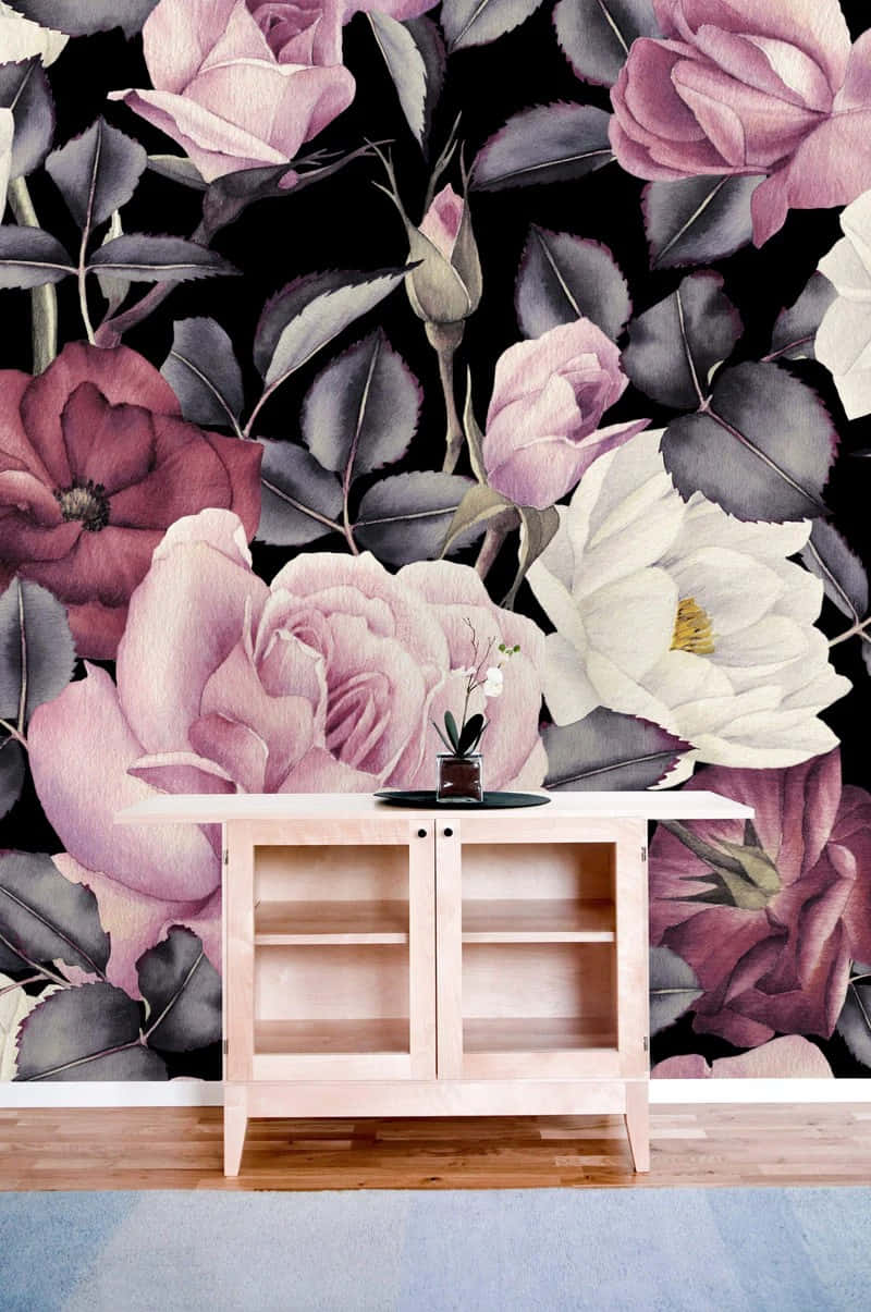Floral Wallpaperwith Wooden Cabinet Background