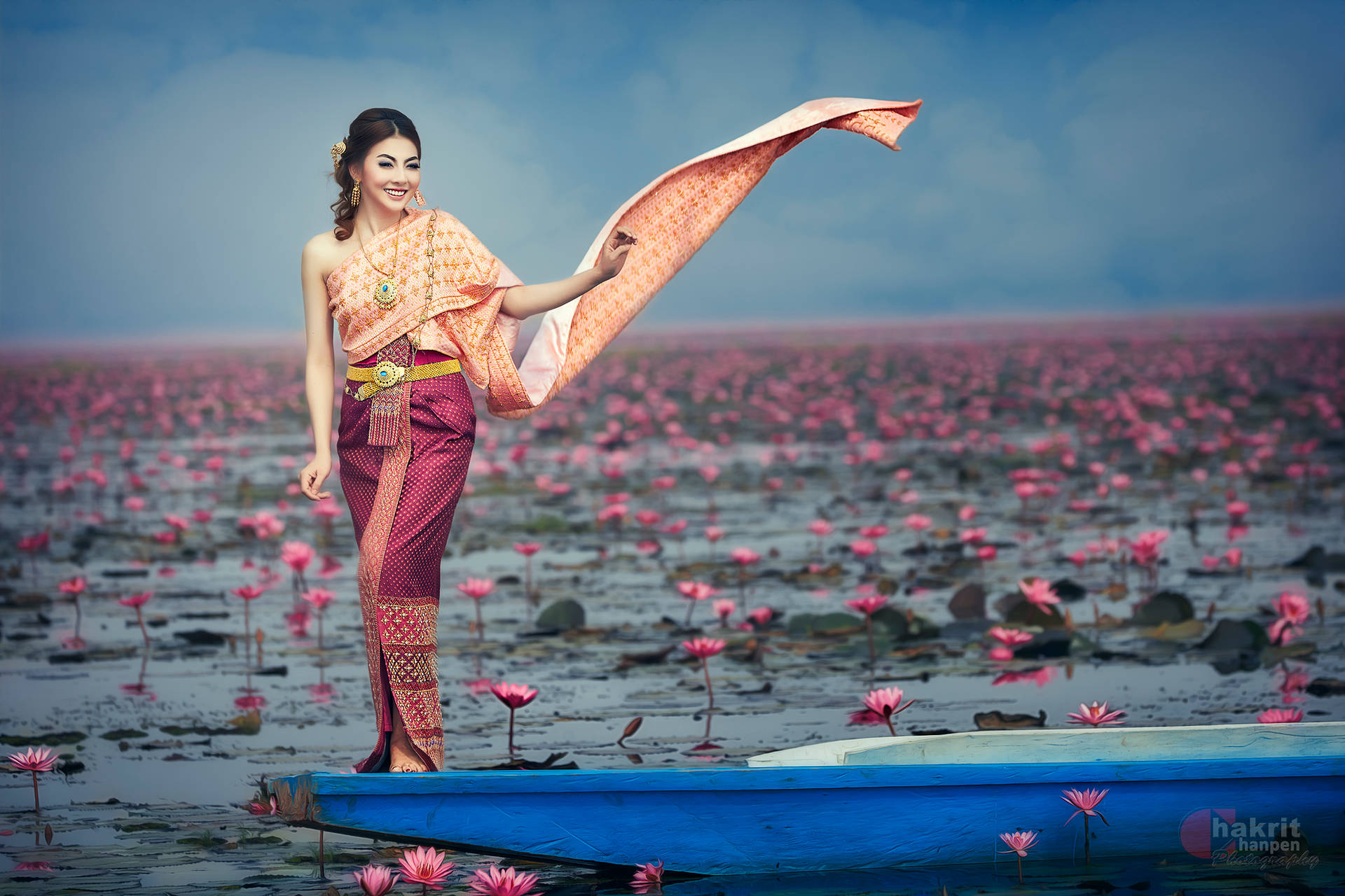 Flower Boat Thailand Woman Background