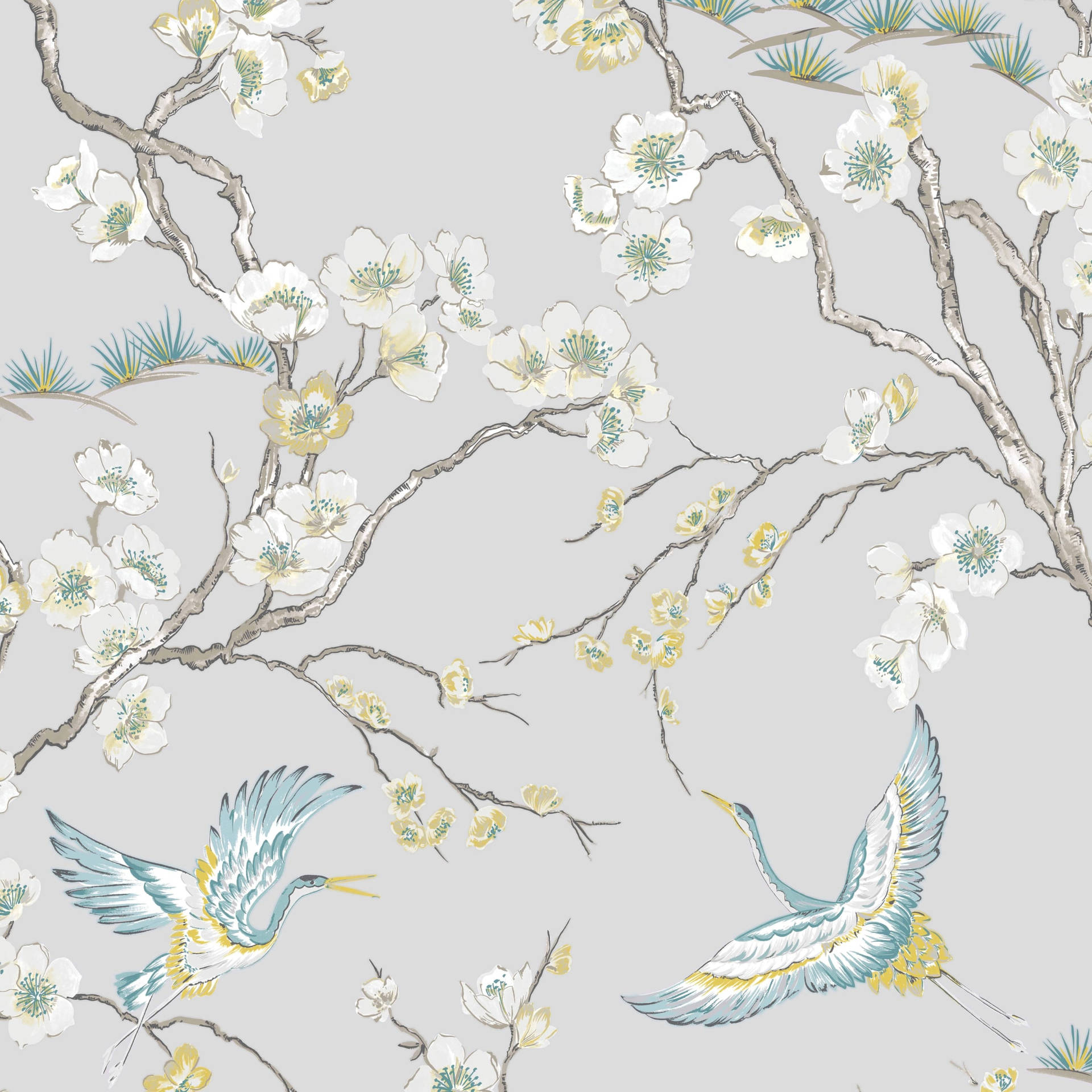 Flower Design And Crane Birds Background