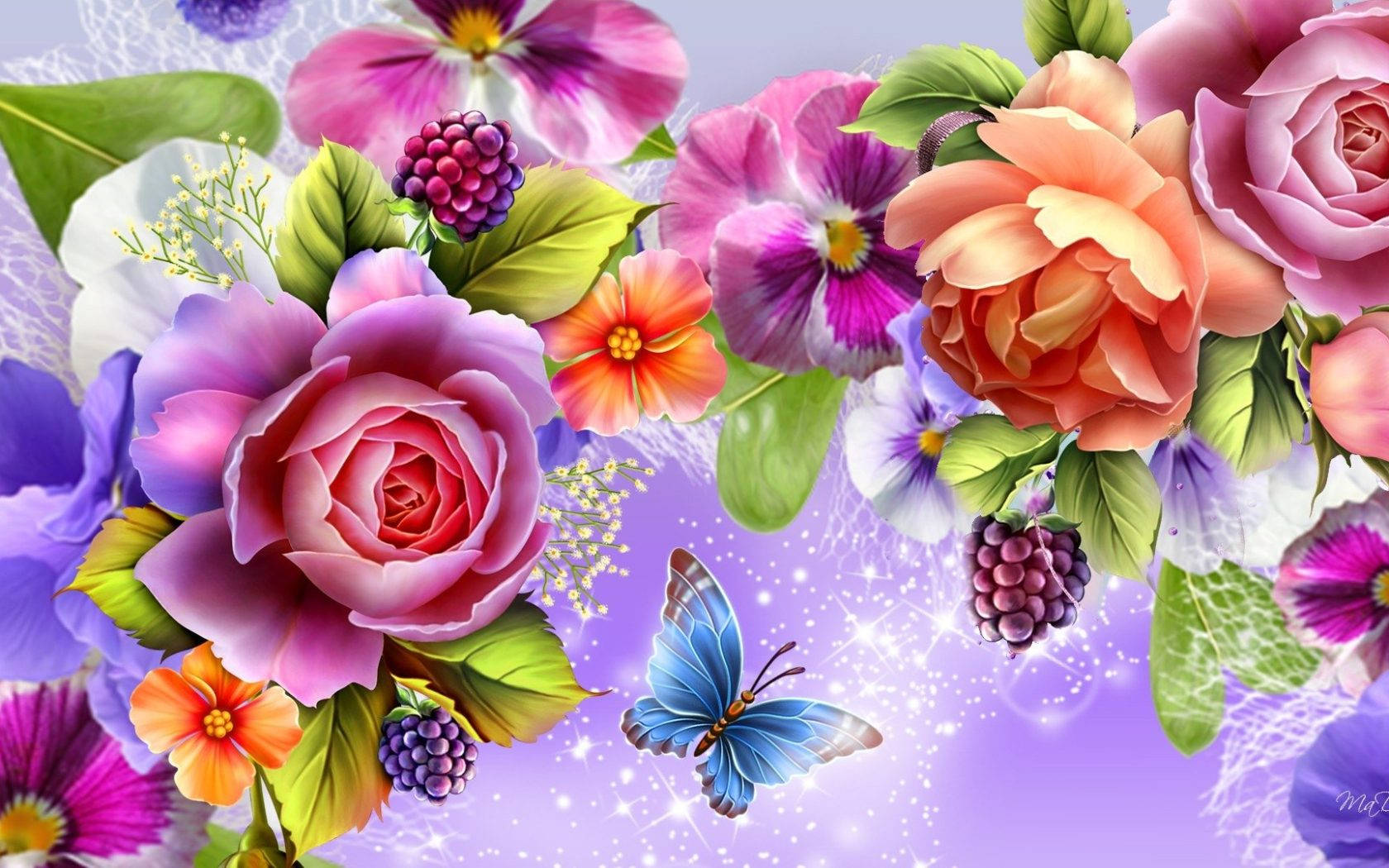 Flower Design With Butterflies And Fruits Background