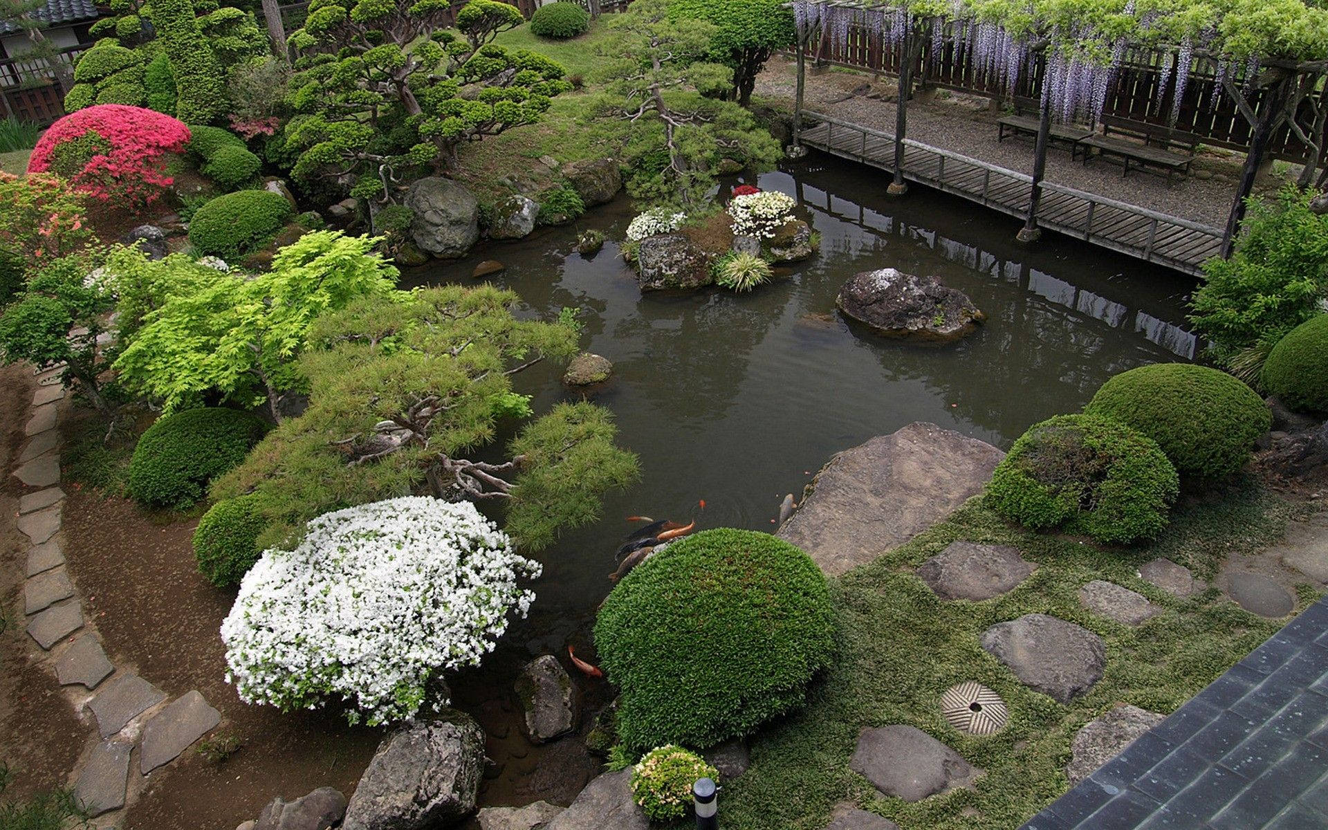 Flower Garden With Pond Background