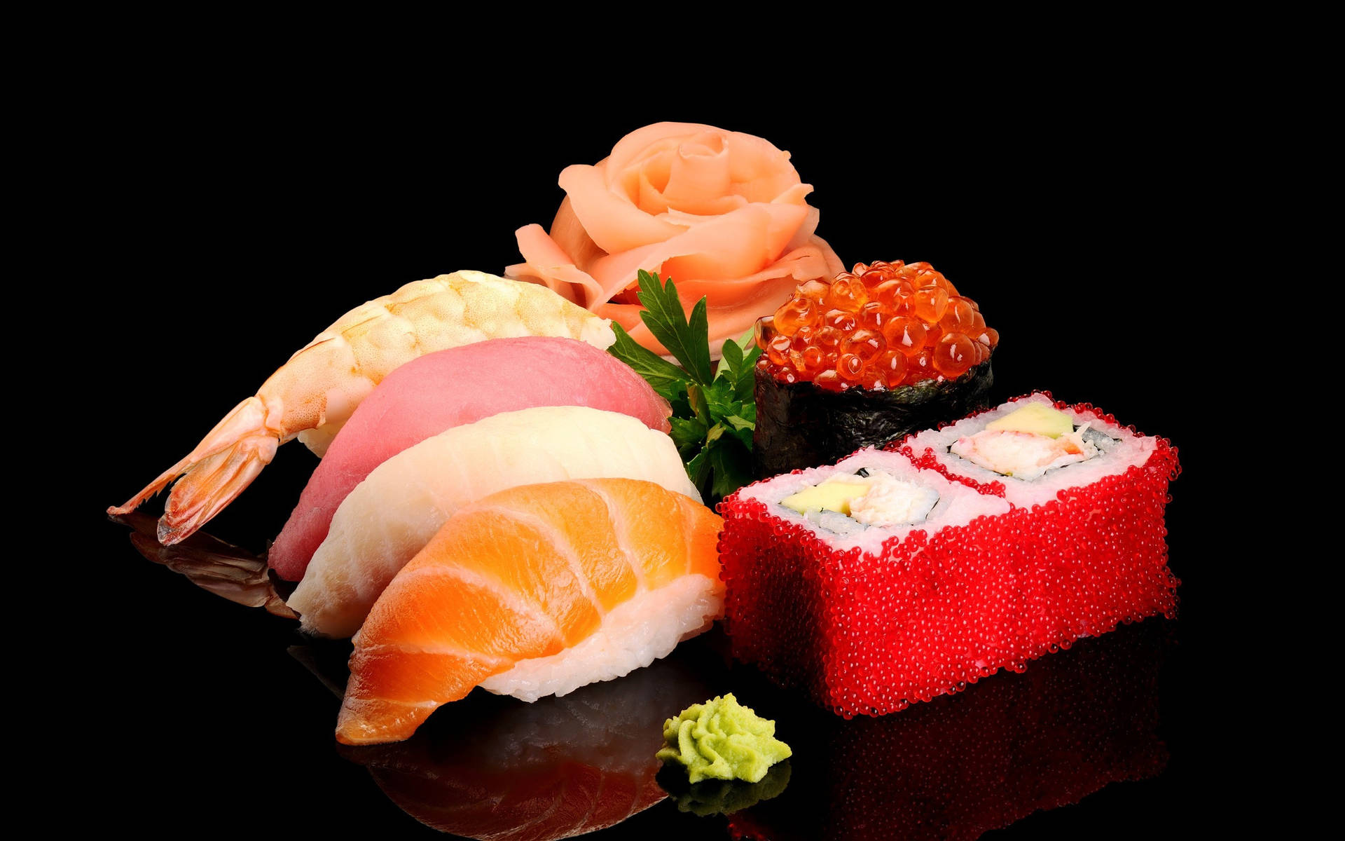 Flower Sashimi With Sushi And Salmon Roe Background