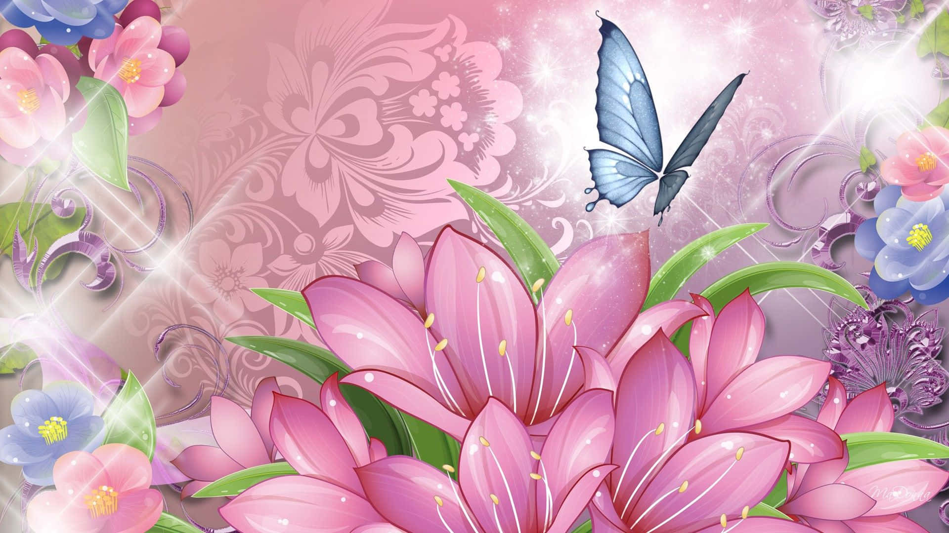 Flowers And Butterflies Glitter World Background