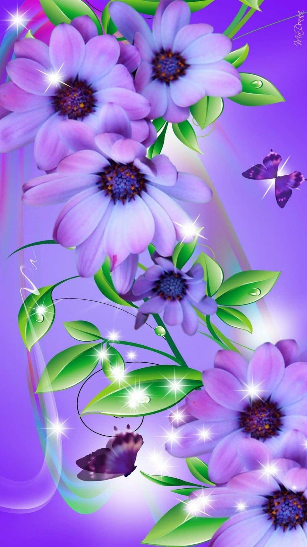 Flowers And Butterflies Glittery Sky Background