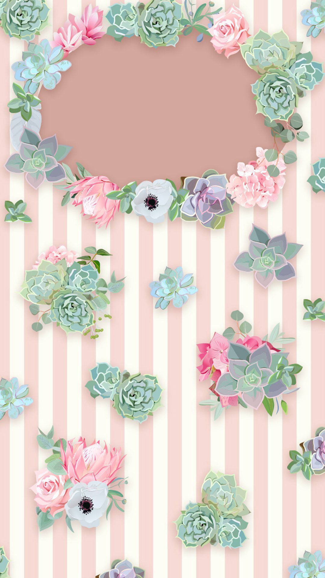 Flowers On Kawaii Pink Stripe Background
