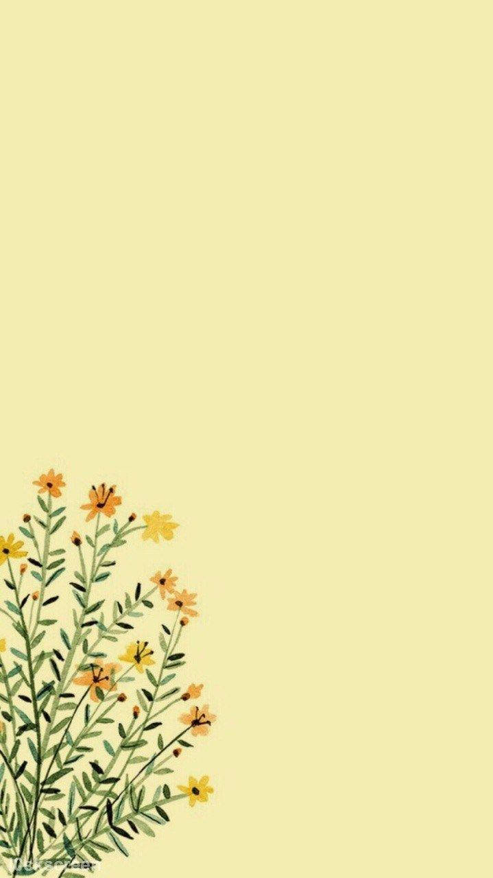 Flowers Printed On Cute Pastel Yellow Aesthetic Background