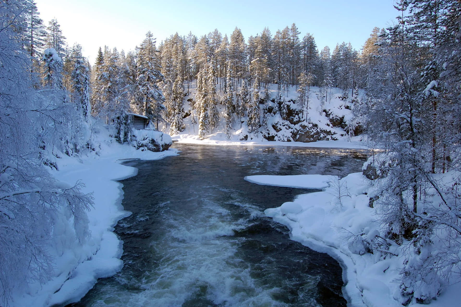 Flowing River Winter Scenery Desktop Background