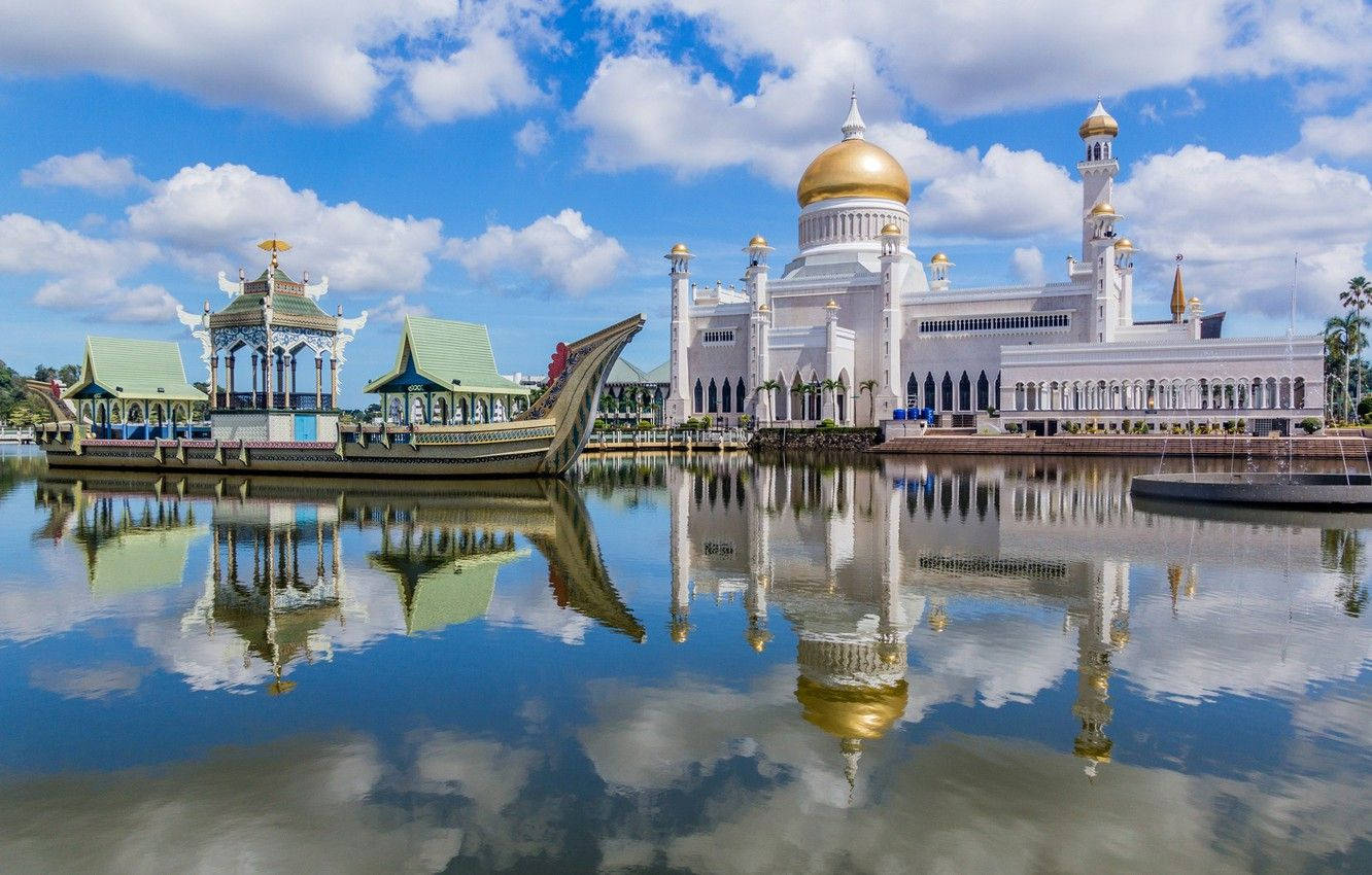 Fluffy Clouds Above Brunei Mosque Background