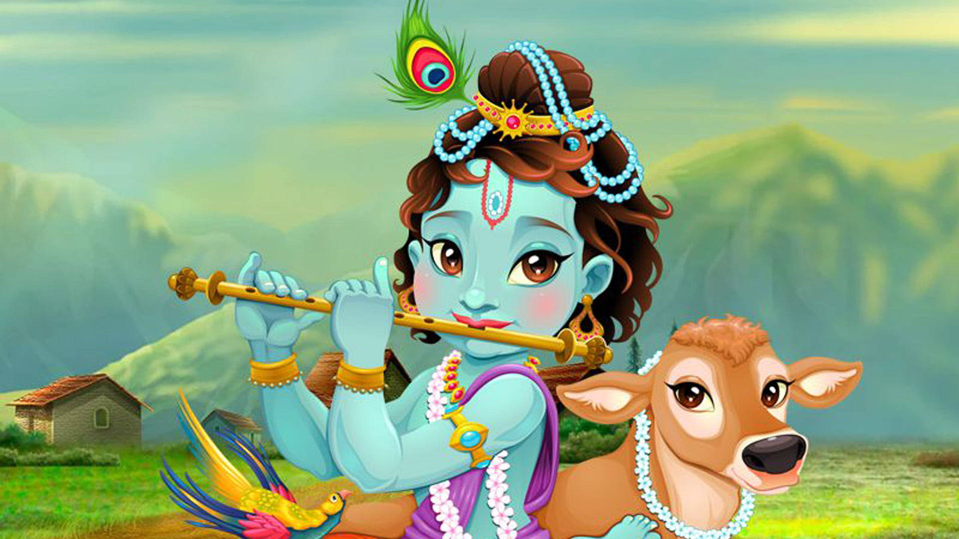 Flutist Cartoon Krishna And Calf Background